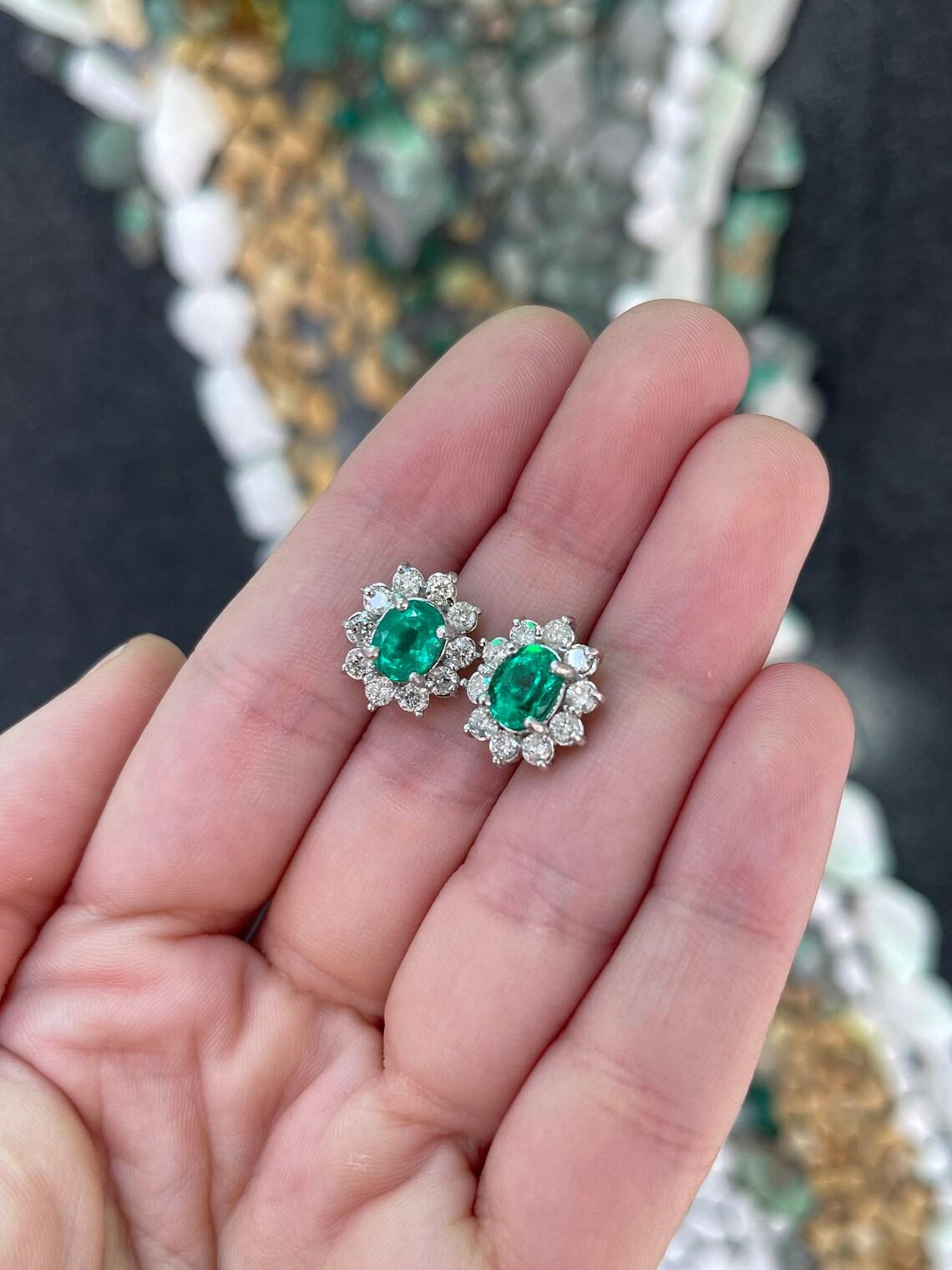14K Gold 5.0tcw Rich Green Colombian Emerald Oval & Diamond Halo Stud Earrings In New Condition For Sale In Jupiter, FL
