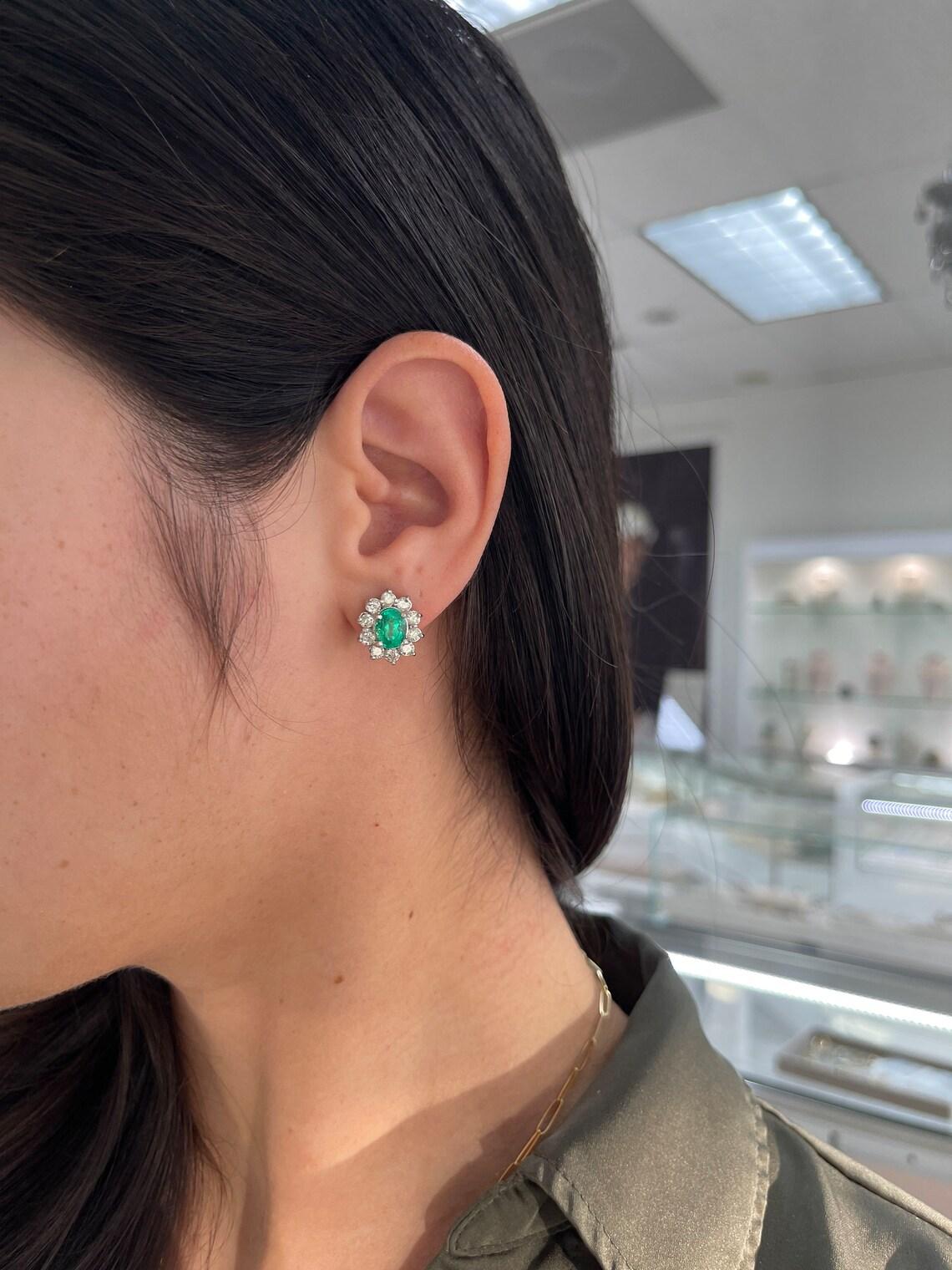 Women's 14K Gold 5.0tcw Rich Green Colombian Emerald Oval & Diamond Halo Stud Earrings For Sale