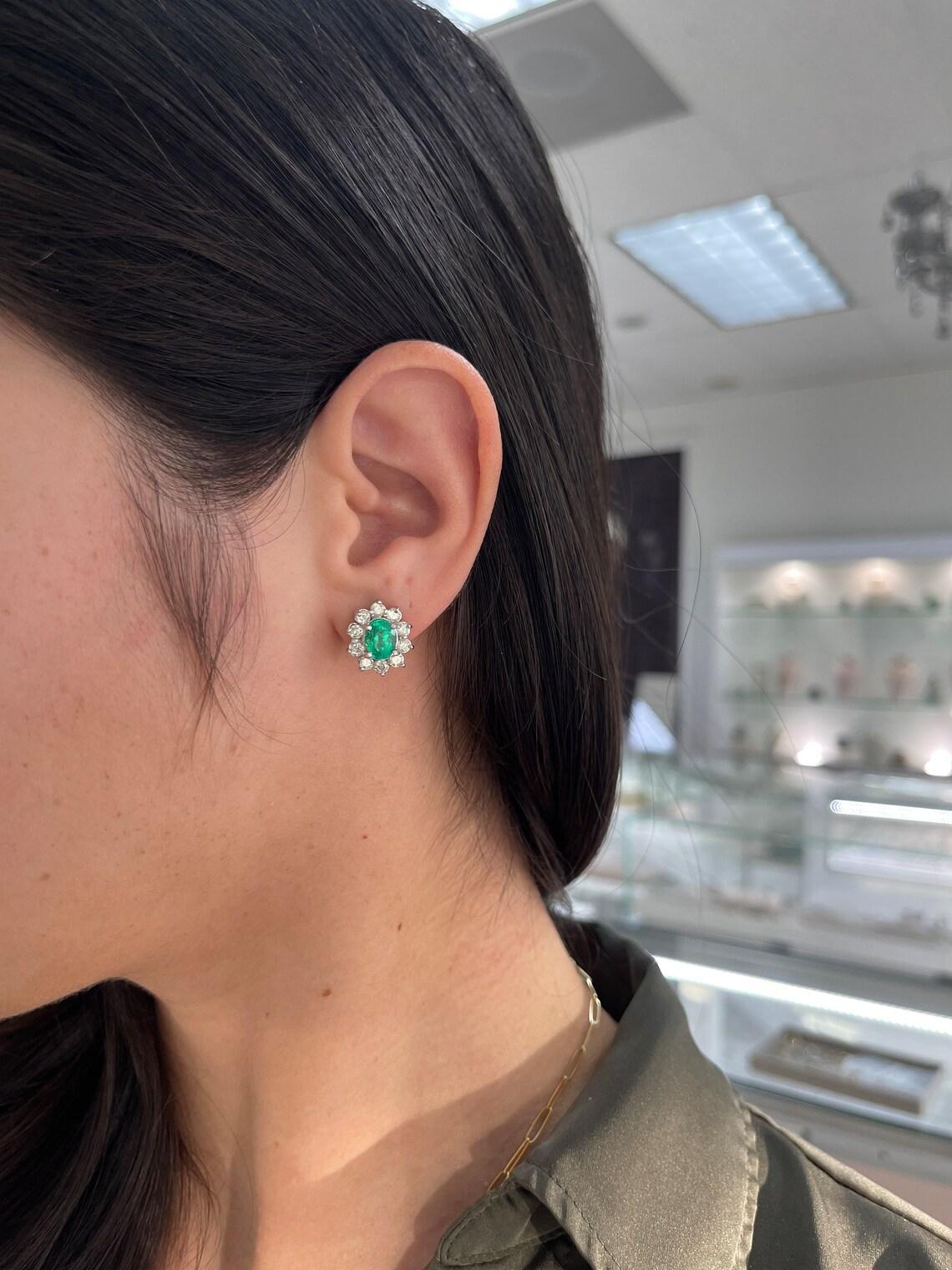 14K Gold 5.0tcw Rich Green Colombian Emerald Oval & Diamond Halo Stud Earrings For Sale 1
