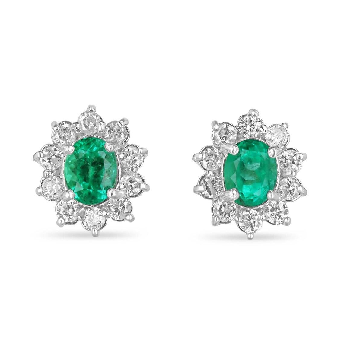 14K Gold 5.0tcw Rich Green Colombian Emerald Oval & Diamond Halo Stud Earrings