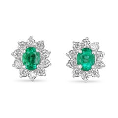 14K Gold 5.0tcw Rich Green Colombian Emerald Oval & Diamond Halo Stud Earrings