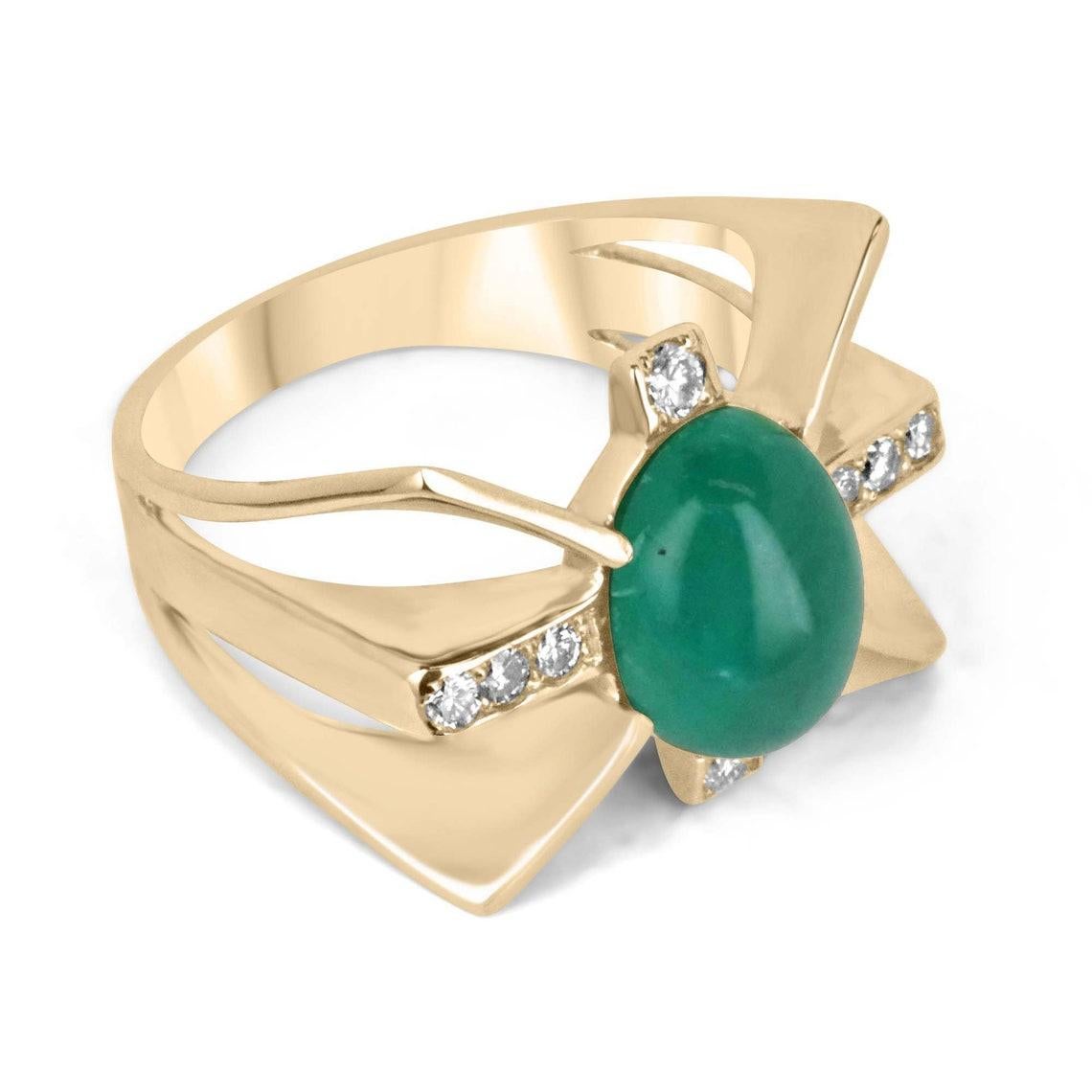 Anello in oro 14K con smeraldo ovale cabochon e diamante da 5,12tcw, stile Star Unisex in vendita 10