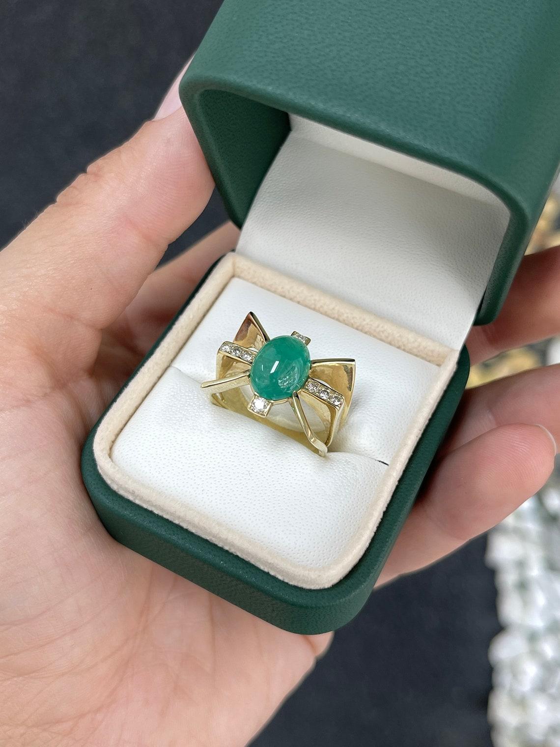 Anello in oro 14K con smeraldo ovale cabochon e diamante da 5,12tcw, stile Star Unisex in vendita 15