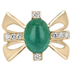 Anillo de oro de 14 quilates con cabujón ovalado de esmeralda y diamantes de 5,12 qt, estilo estrella unisex