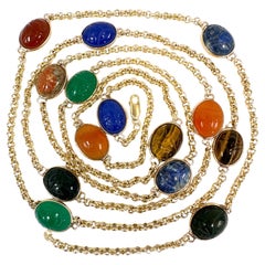 14K Gold 52" Station Chain, Circa 1960 with Rolo Links & Carved Stone Scarabs