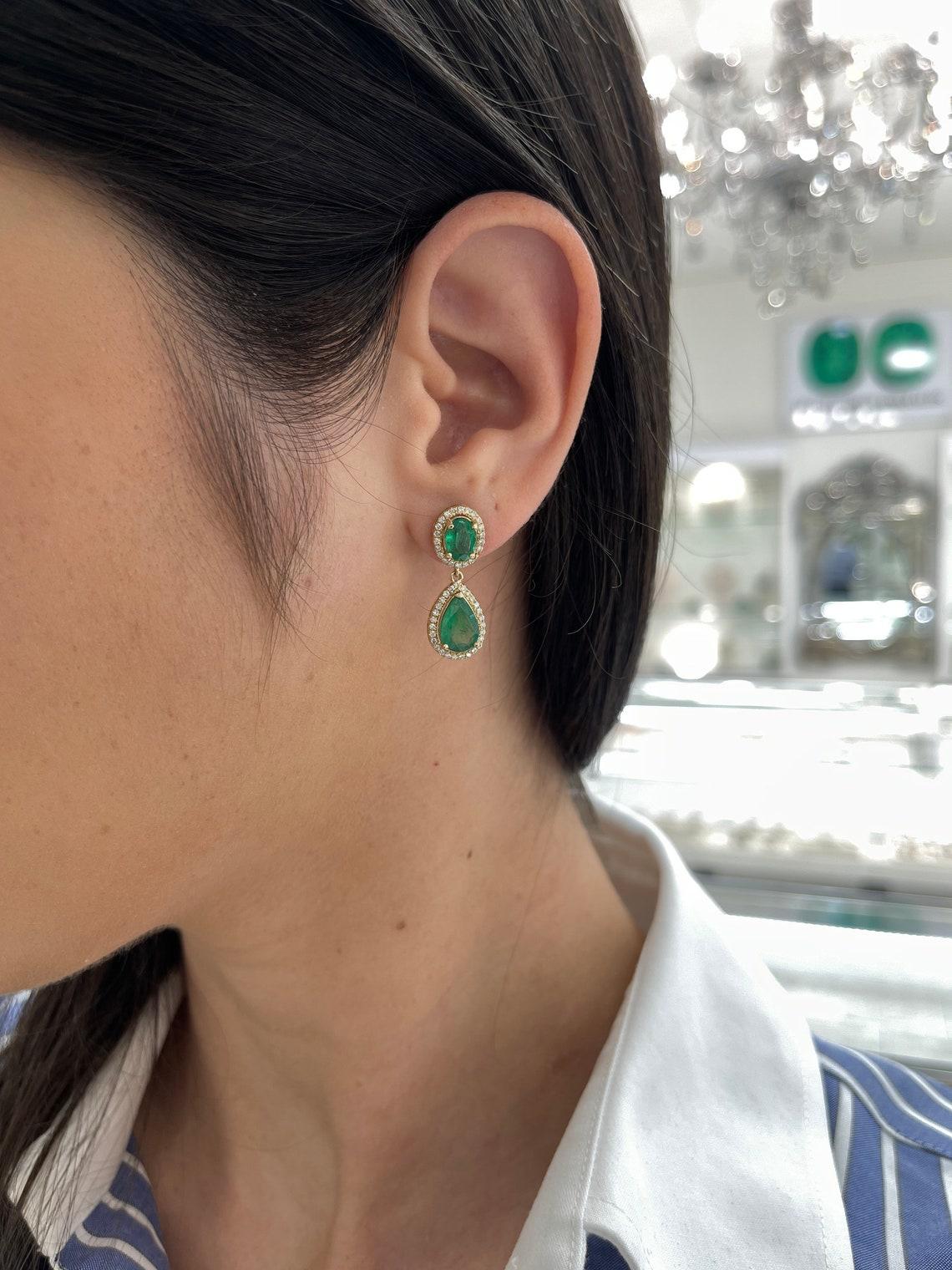 Modern 14K Gold 5.40tcw Natural Emerald & Diamond Halo Dangle Earrings Oval and Pear