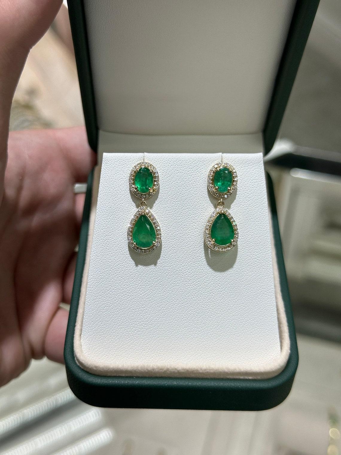Oval Cut 14K Gold 5.40tcw Natural Emerald & Diamond Halo Dangle Earrings Oval and Pear