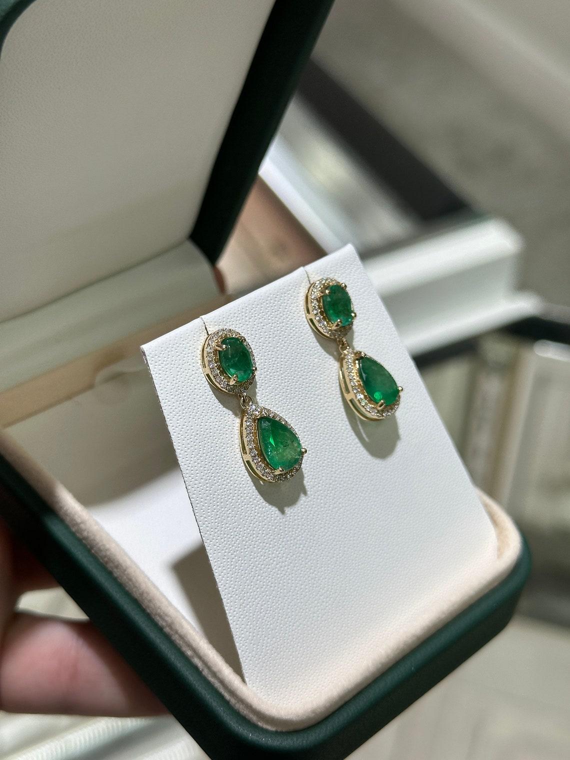 14K Gold 5.40tcw Natural Emerald & Diamond Halo Dangle Earrings Oval and Pear In New Condition In Jupiter, FL