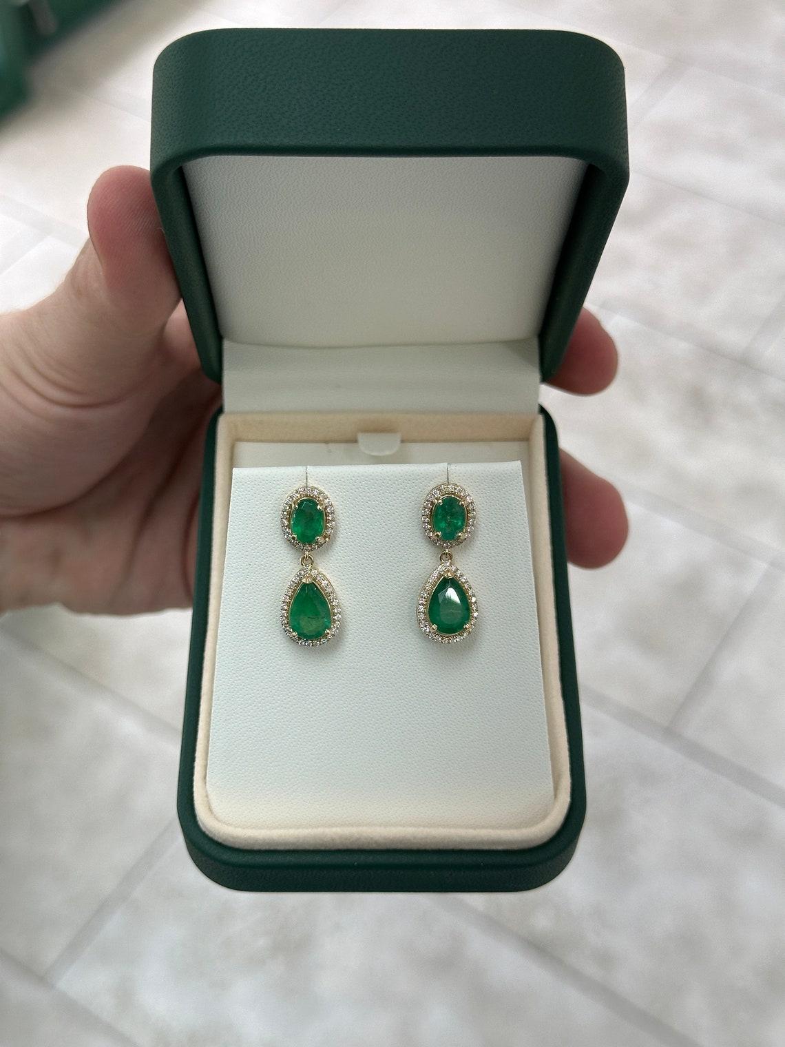 Women's 14K Gold 5.40tcw Natural Emerald & Diamond Halo Dangle Earrings Oval and Pear