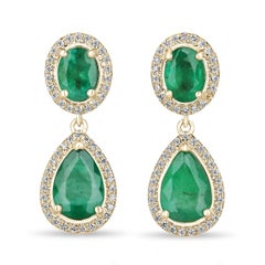 14K Gold 5.40tcw Natural Emerald & Diamond Halo Dangle Earrings Oval and Pear