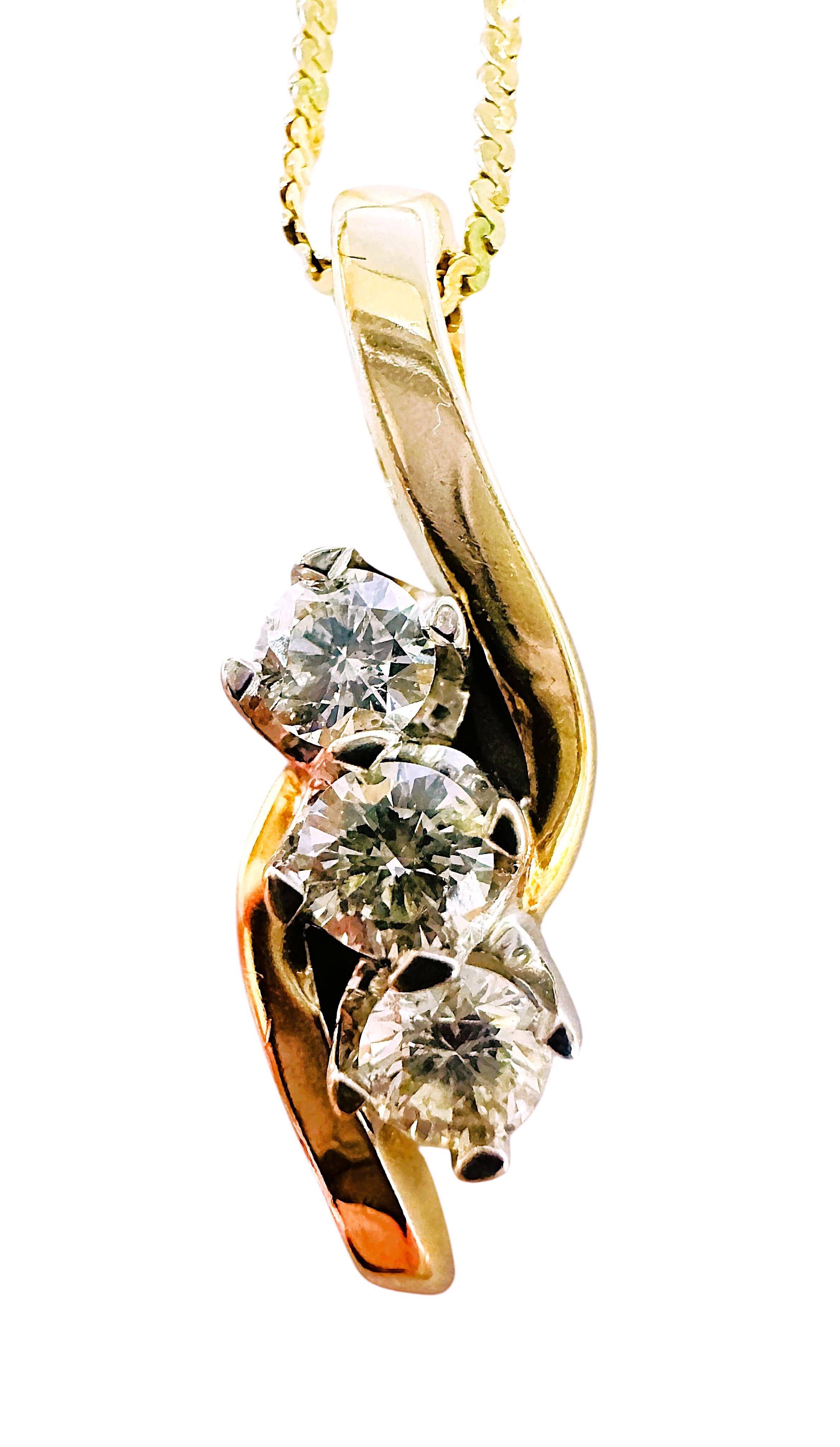 14K Gold .55 Carat Diamond Trio Pendant Necklace w/By-Pass Influences For Sale 3