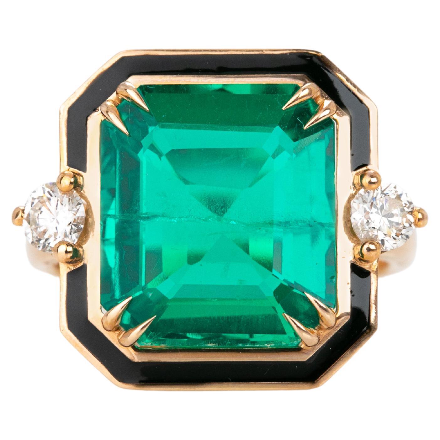 For Sale:  14K Gold 5.55 Ct Synthetic Emerald & Diamond Enameled Cocktail Ring