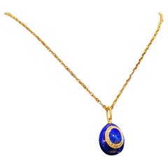 14K Gold (56), Blue Guilloche Enamel, Crystal Egg-shaped Soviet Vintage Pendant
