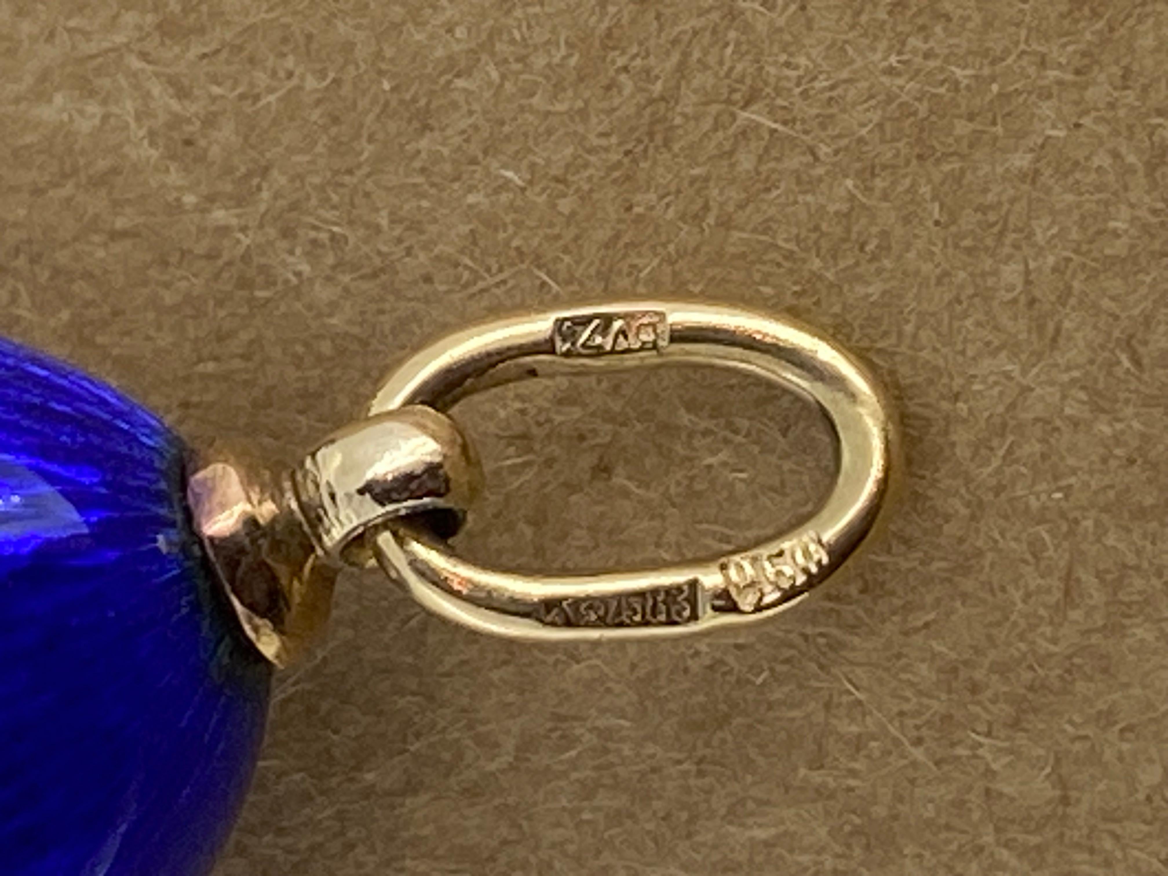 14K Gold (56), blaue Guilloche-Emaille, eiförmiger sowjetischer Vintage-Anhänger aus Kristall im Angebot 4