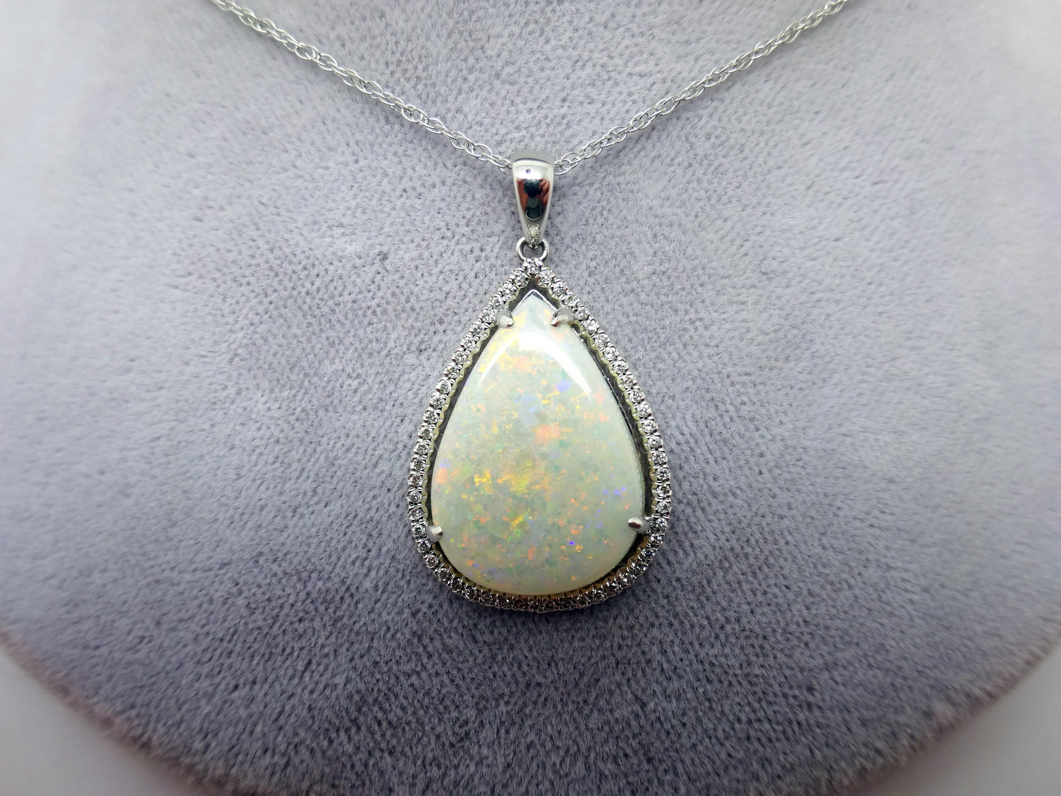 Pear Cut 14k Gold 5.67ct Pear Genuine Natural Opal Pendant with .16ct Diamonds '#3427' For Sale