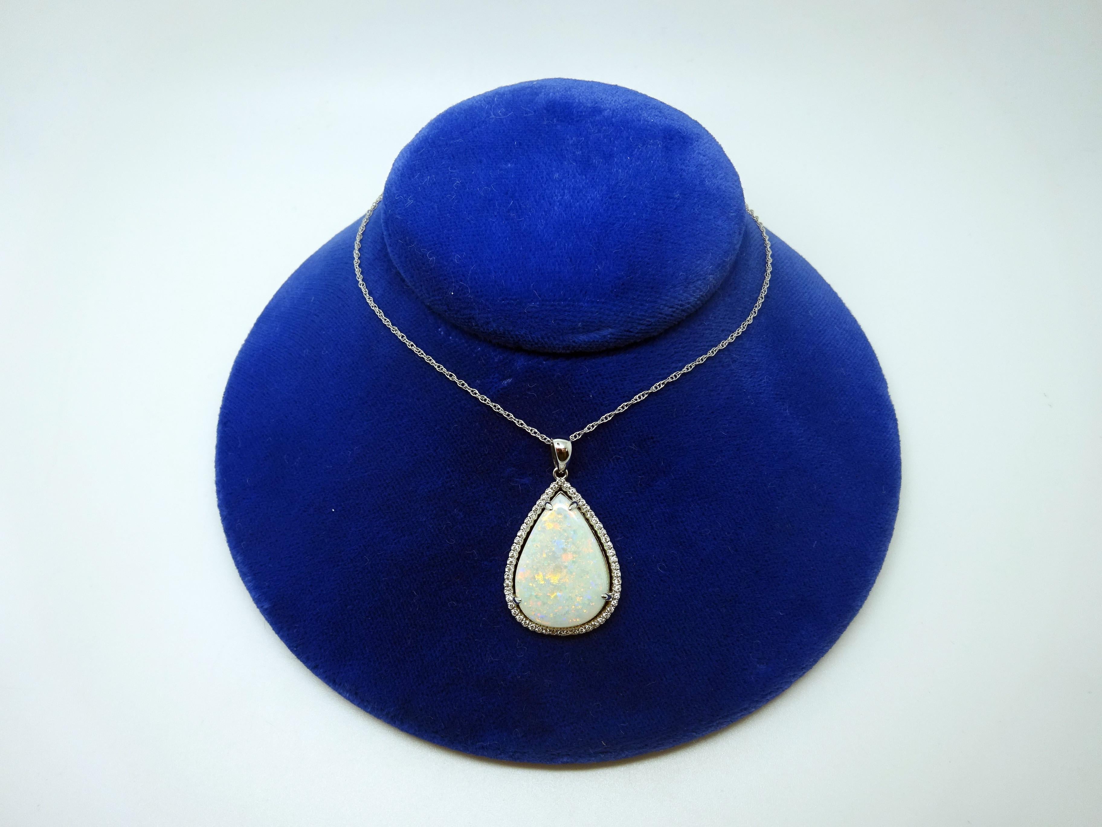 14k Gold 5.67ct Pear Genuine Natural Opal Pendant with .16ct Diamonds '#3427' In Excellent Condition For Sale In Big Bend, WI