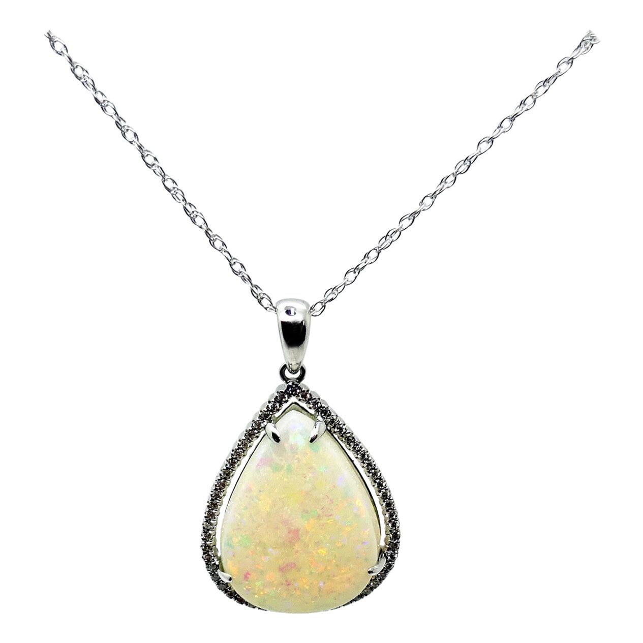 14k Gold 5.67ct Pear Genuine Natural Opal Pendant with .16ct Diamonds '#3427' For Sale