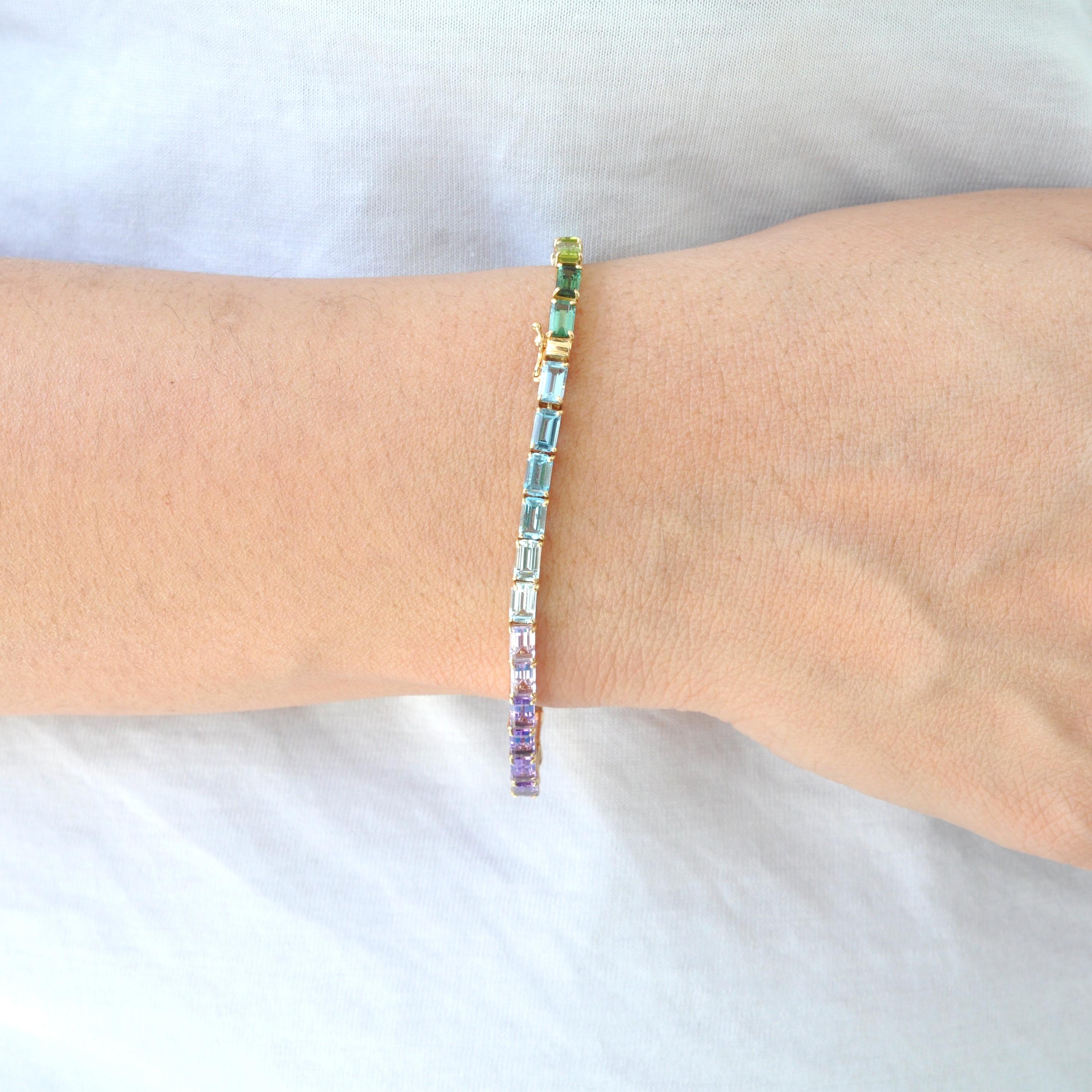 Bracciale Tennis Line in oro 14K 5x3 MM con gemme arcobaleno taglio ottagono incastonate in vendita 4