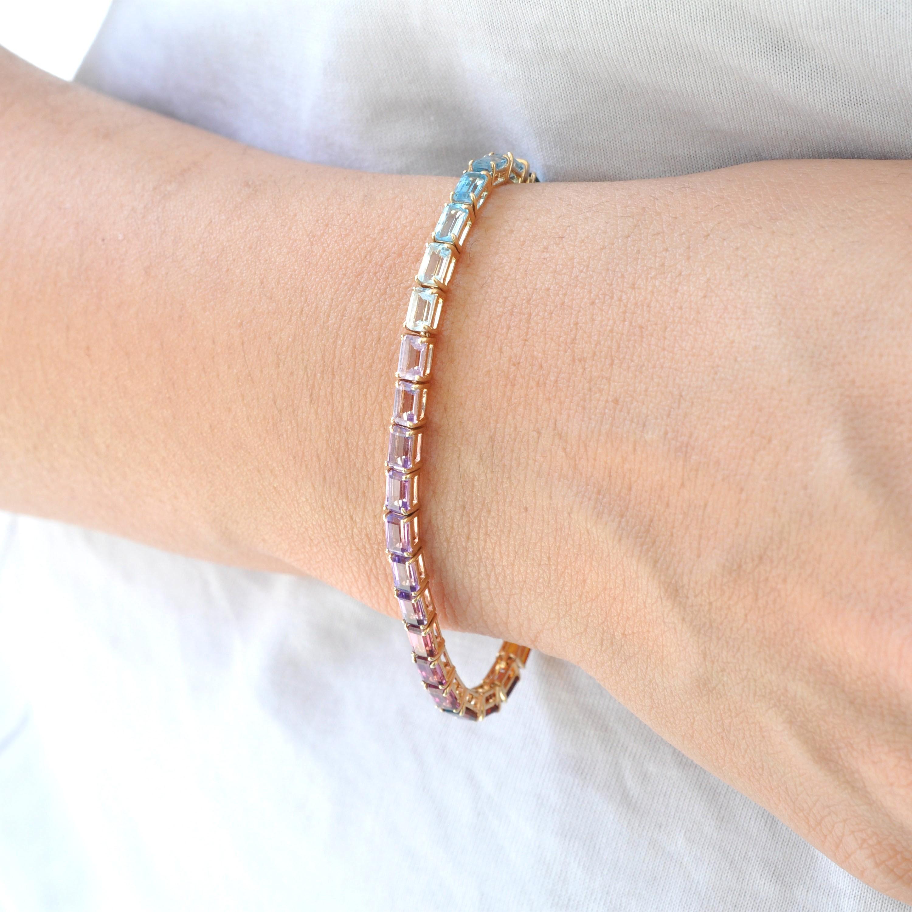 Bracciale Tennis Line in oro 14K 5x3 MM con gemme arcobaleno taglio ottagono incastonate in vendita 5