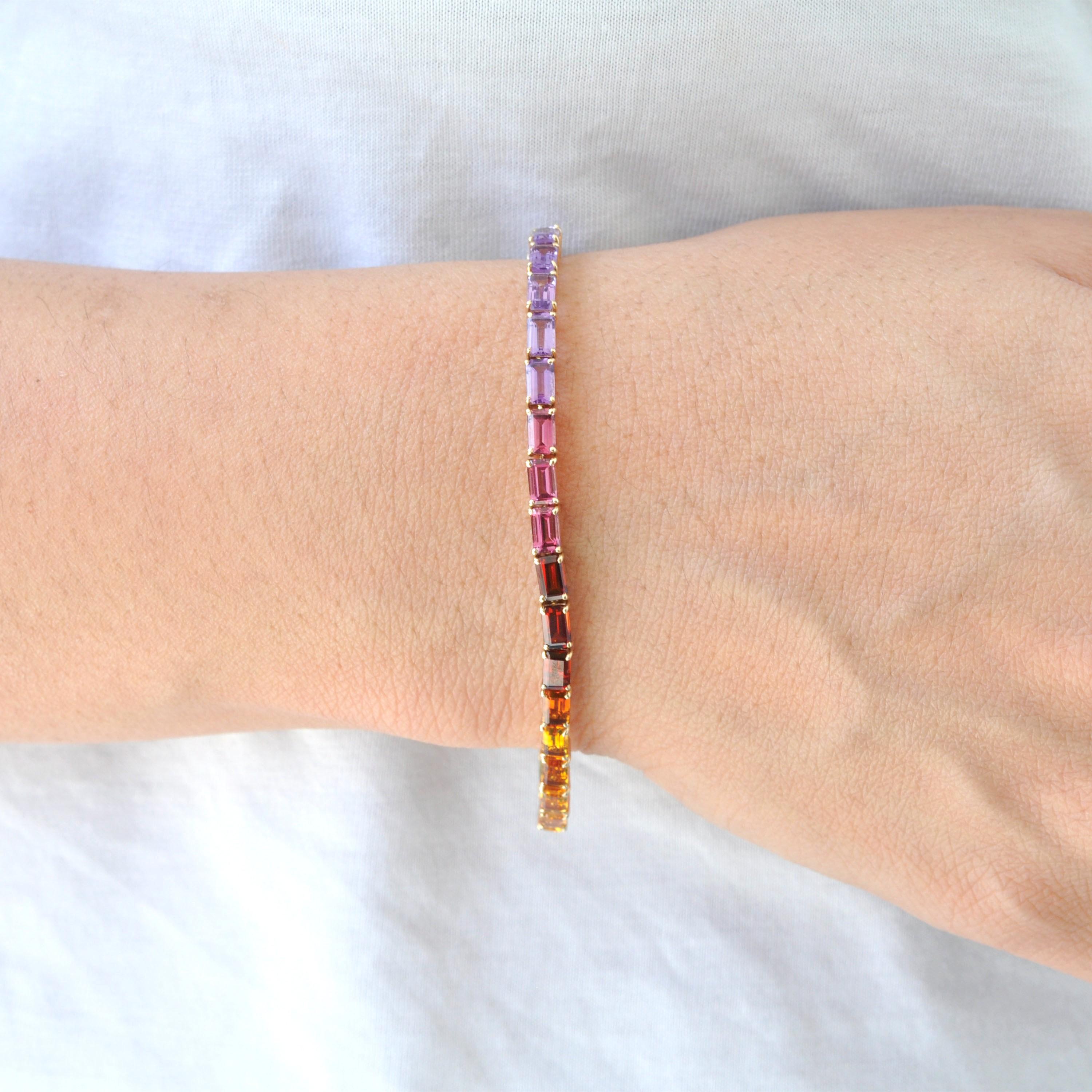 Bracciale Tennis Line in oro 14K 5x3 MM con gemme arcobaleno taglio ottagono incastonate in vendita 6