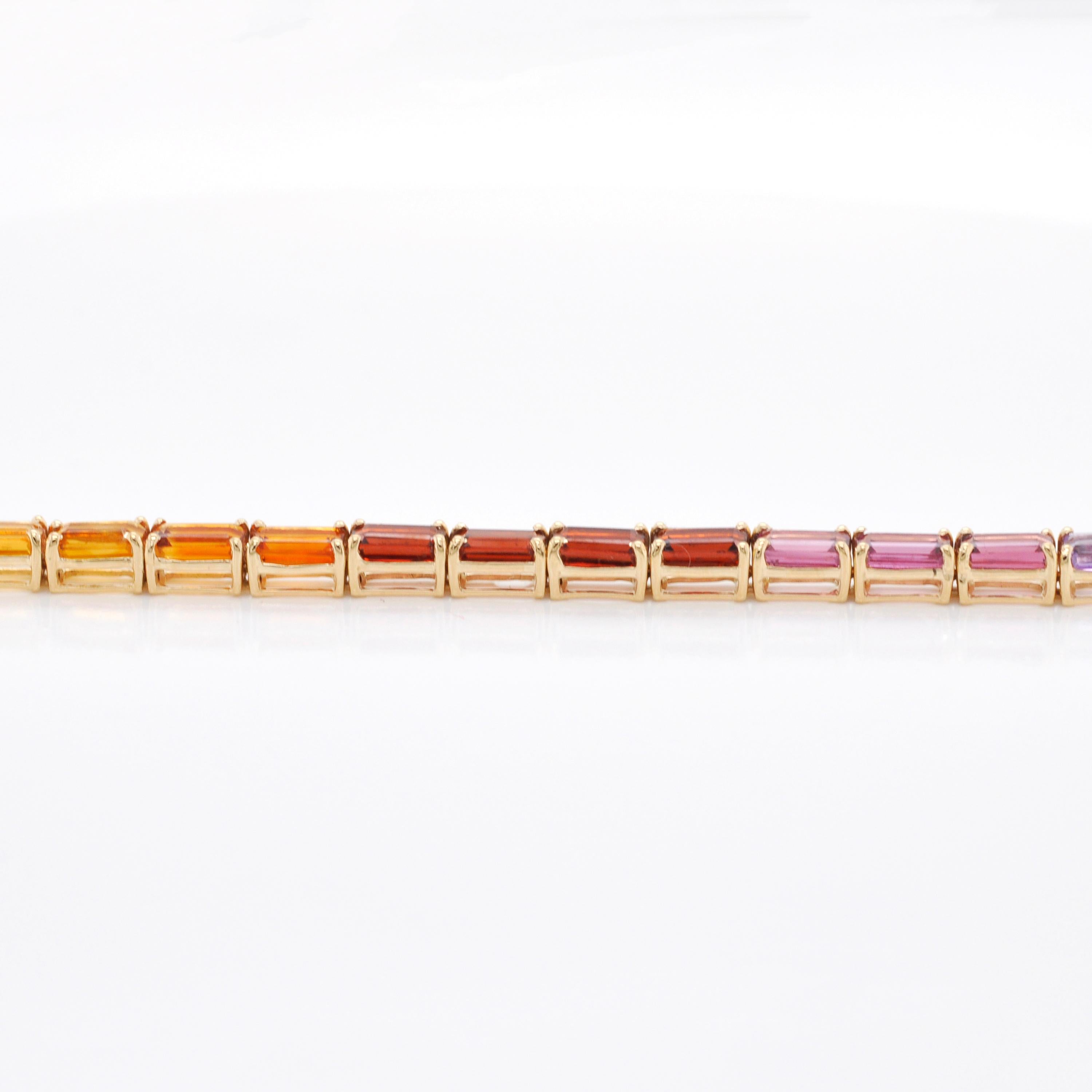 Bracciale Tennis Line in oro 14K 5x3 MM con gemme arcobaleno taglio ottagono incastonate in vendita 1