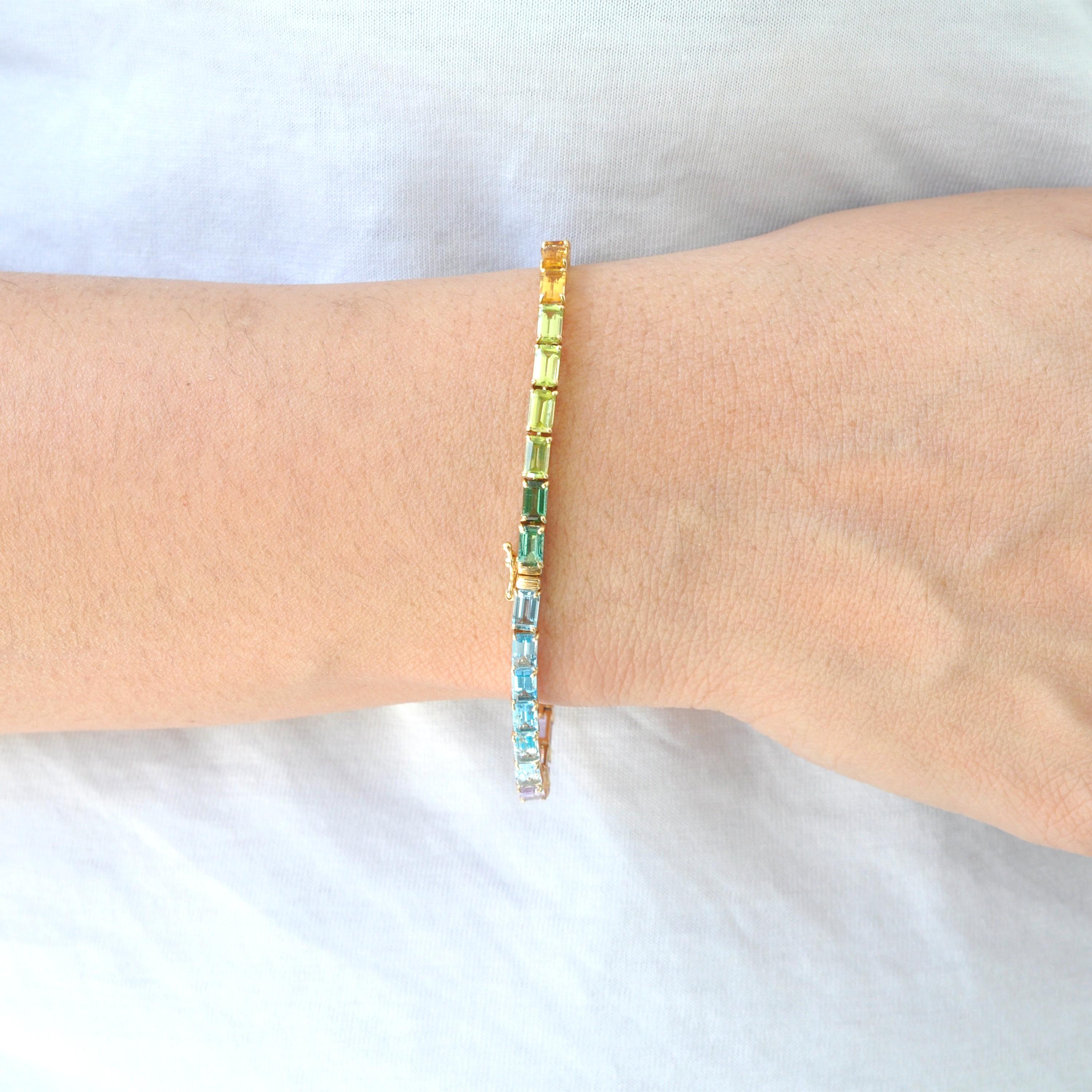 Bracciale Tennis Line in oro 14K 5x3 MM con gemme arcobaleno taglio ottagono incastonate in vendita 3