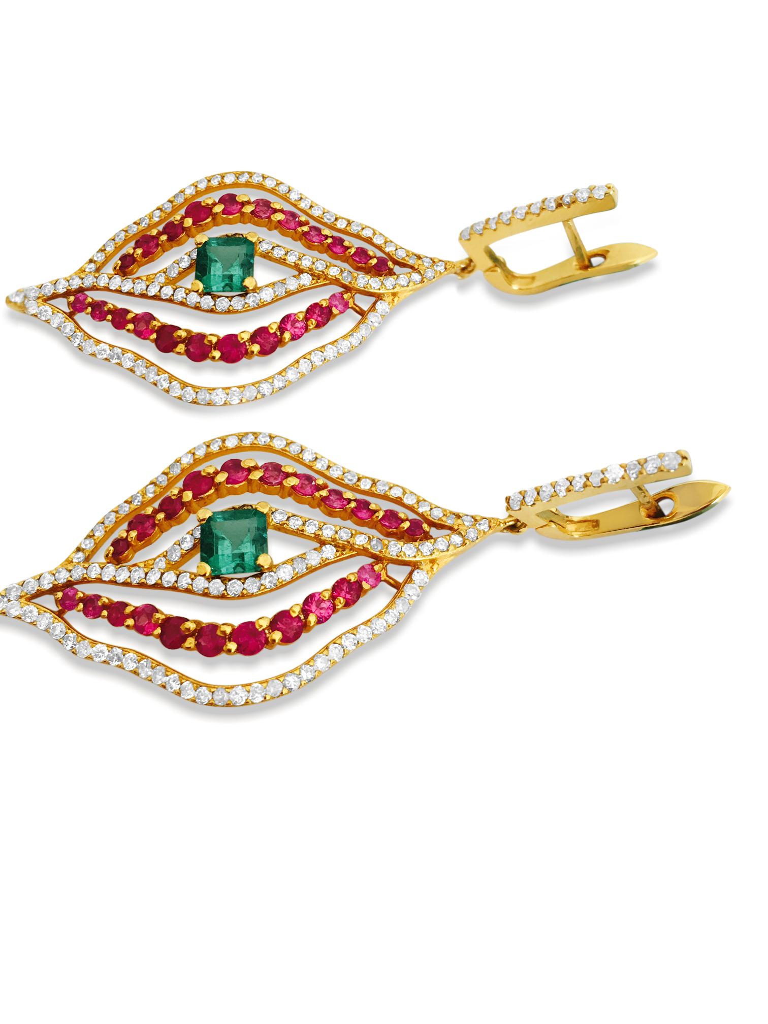Crafted from 14K yellow gold, these earrings boast a captivating ensemble of gemstones. With a total diamond weight of 2.00 carats and VS clarity, the round brilliant cut diamonds are complemented by vibrant rubies from Burma, totaling 2.50 carats,