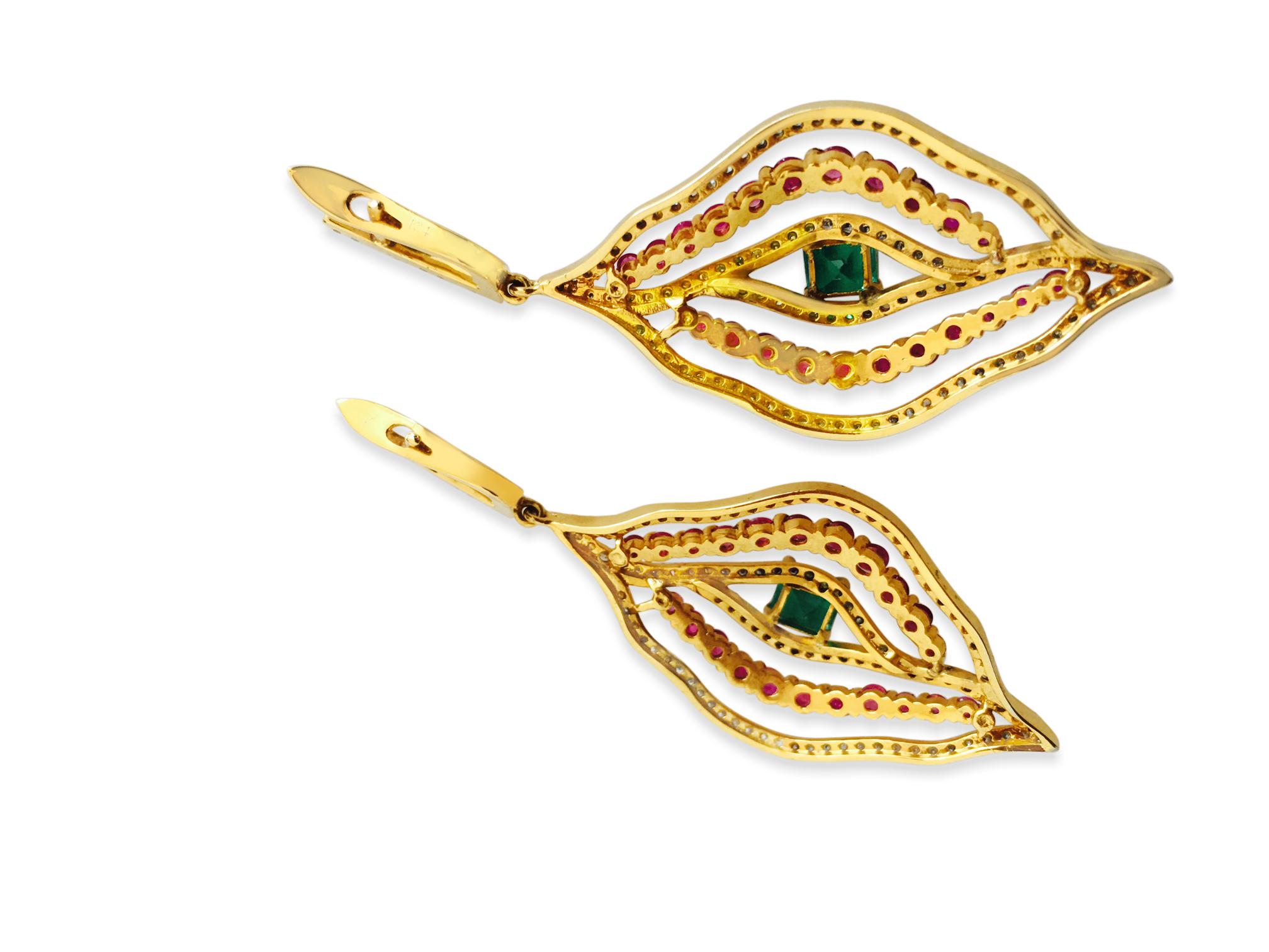 Art Nouveau 14k Gold 6 carat Diamond Emerald and Ruby Earrings For Sale
