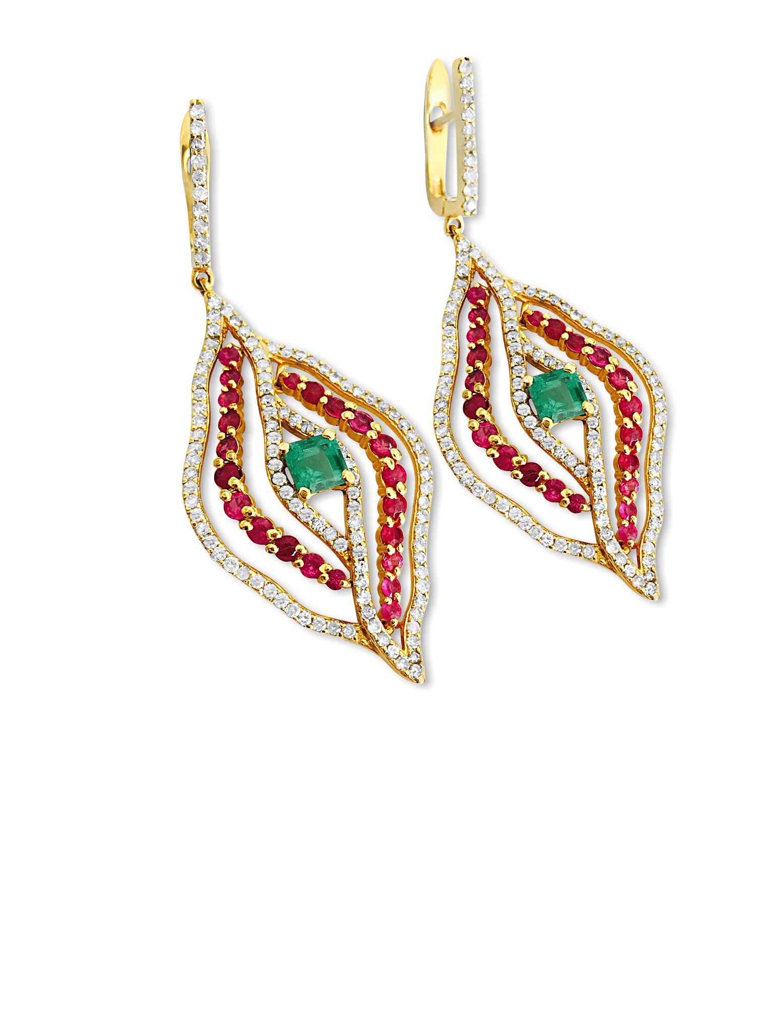 Brilliant Cut 14k Gold 6 carat Diamond Emerald and Ruby Earrings For Sale