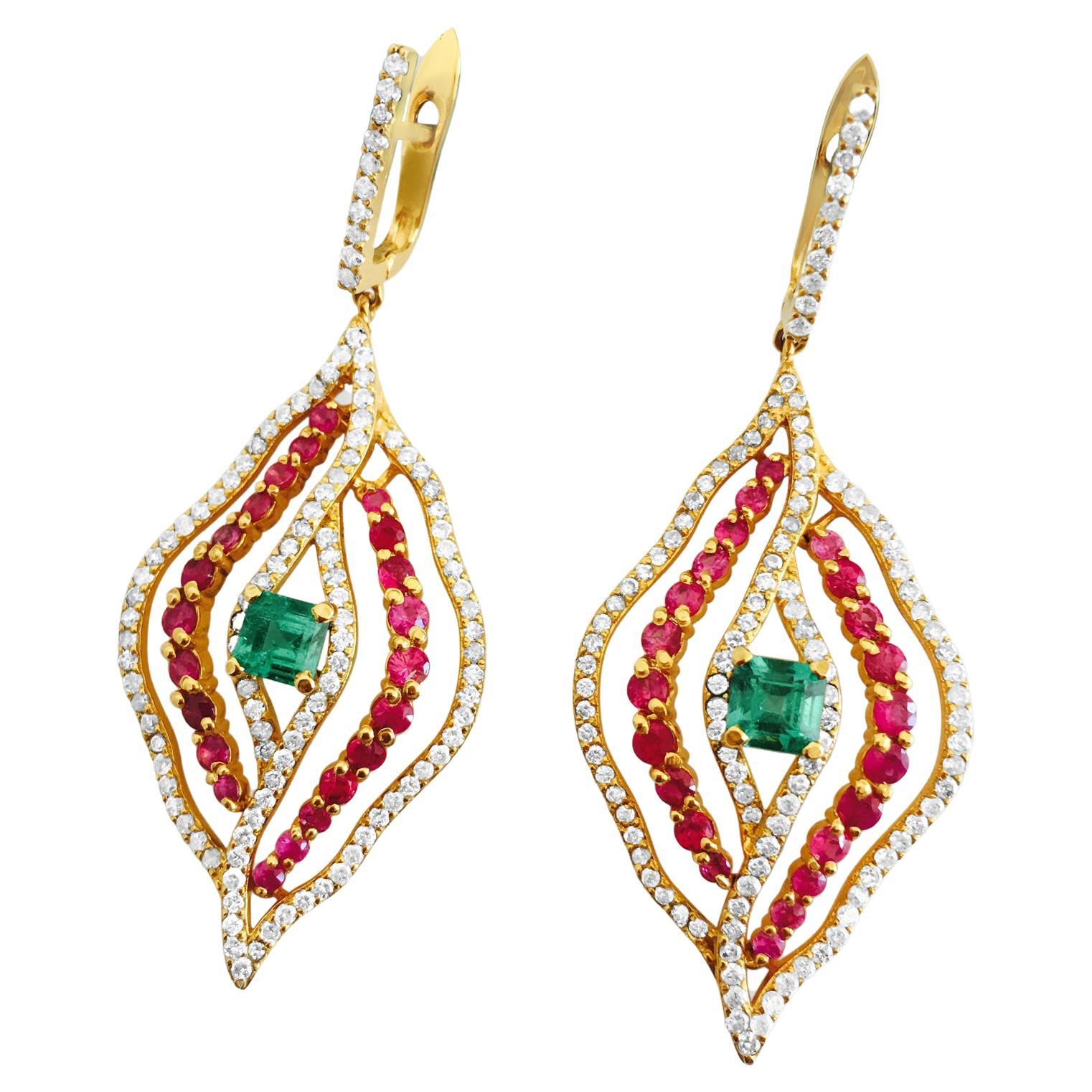 14k Gold 6 carat Diamond Emerald and Ruby Earrings For Sale