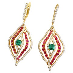 14k Gold 6 carat Diamond Emerald and Ruby Earrings