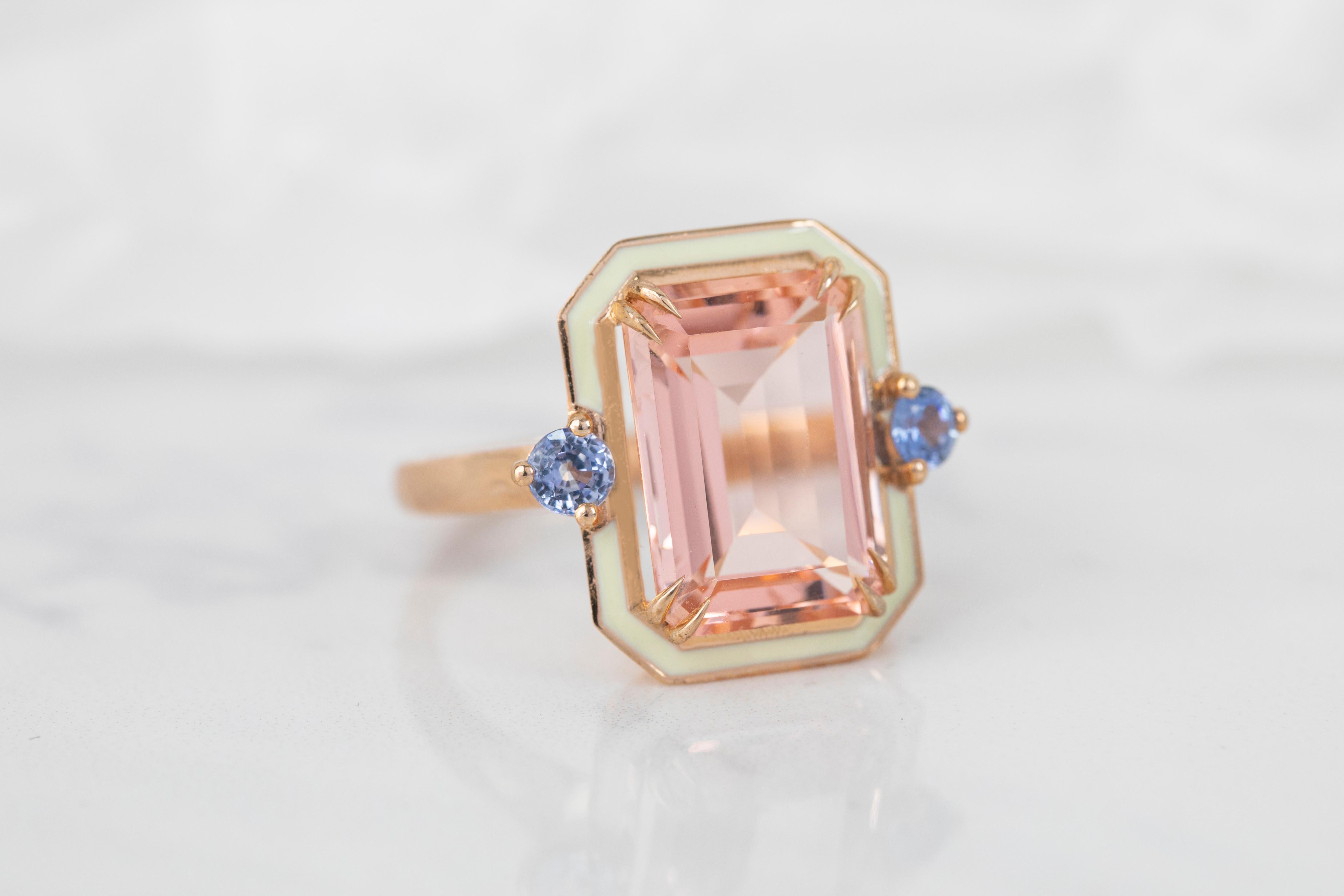 En vente :  Or 14K 6.75 Ct. Bague cocktail en topaze rose et saphir 5