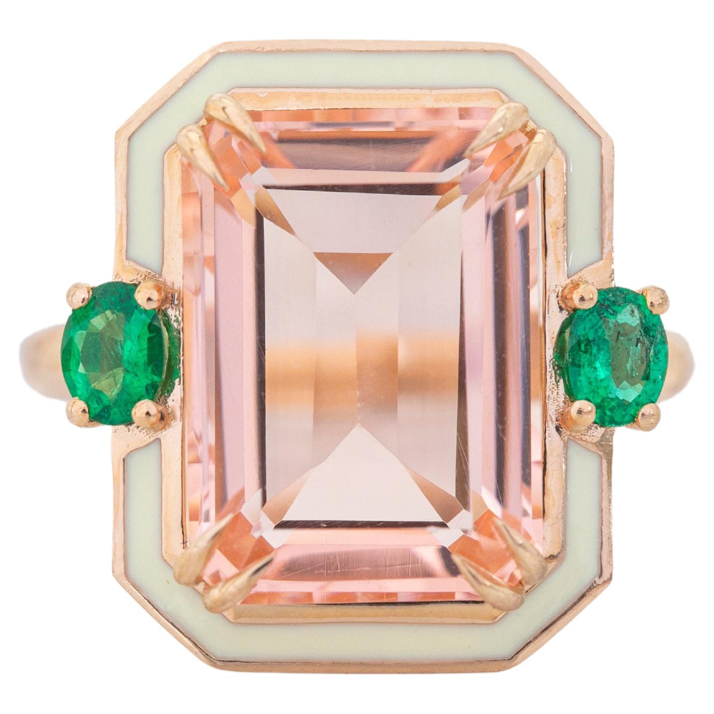 For Sale:  14K Gold 6.75 Ct Pink Topaz & Emerald Enameled Cocktail Ring 2