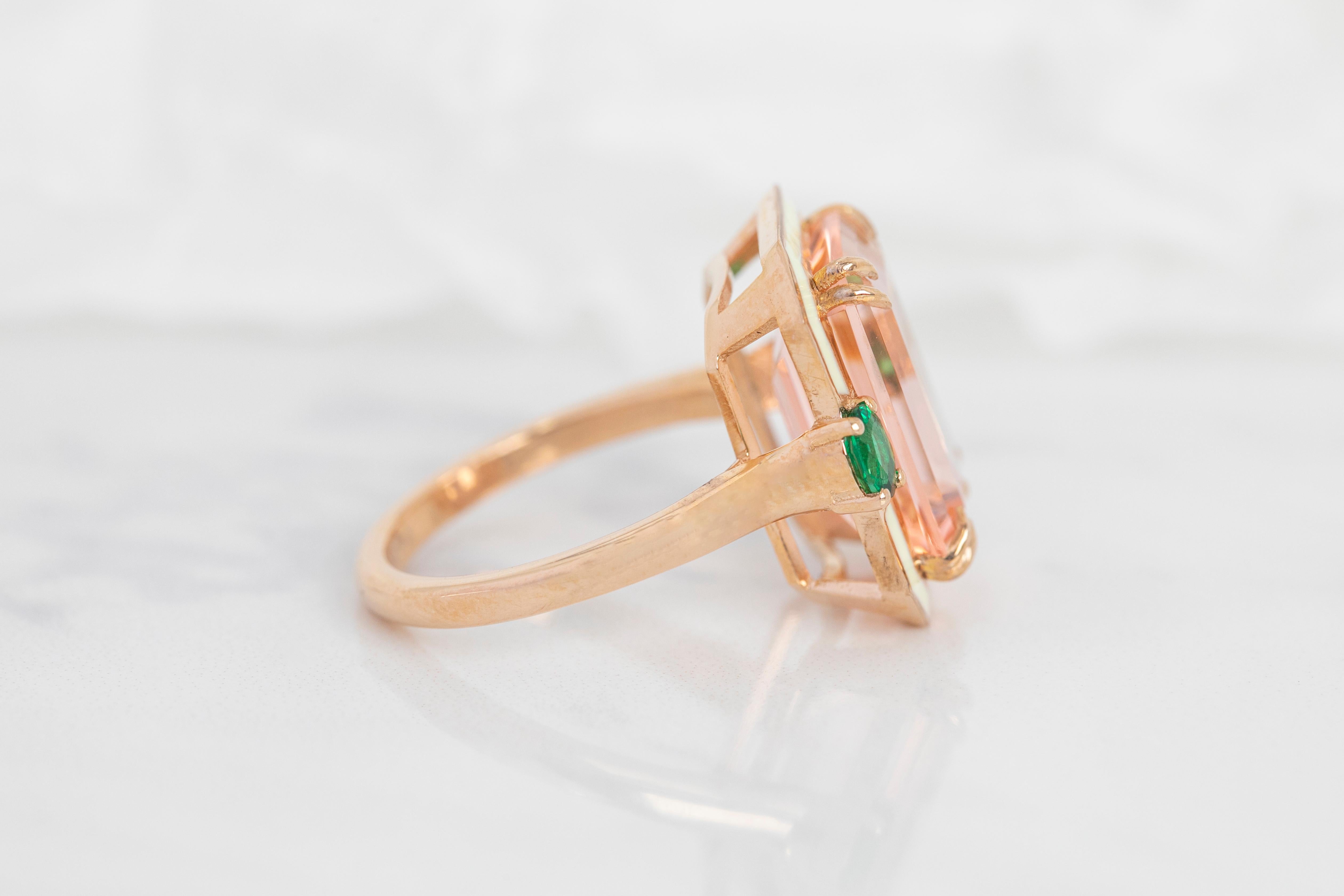 For Sale:  14K Gold 6.75 Ct Pink Topaz & Emerald Enameled Cocktail Ring 3