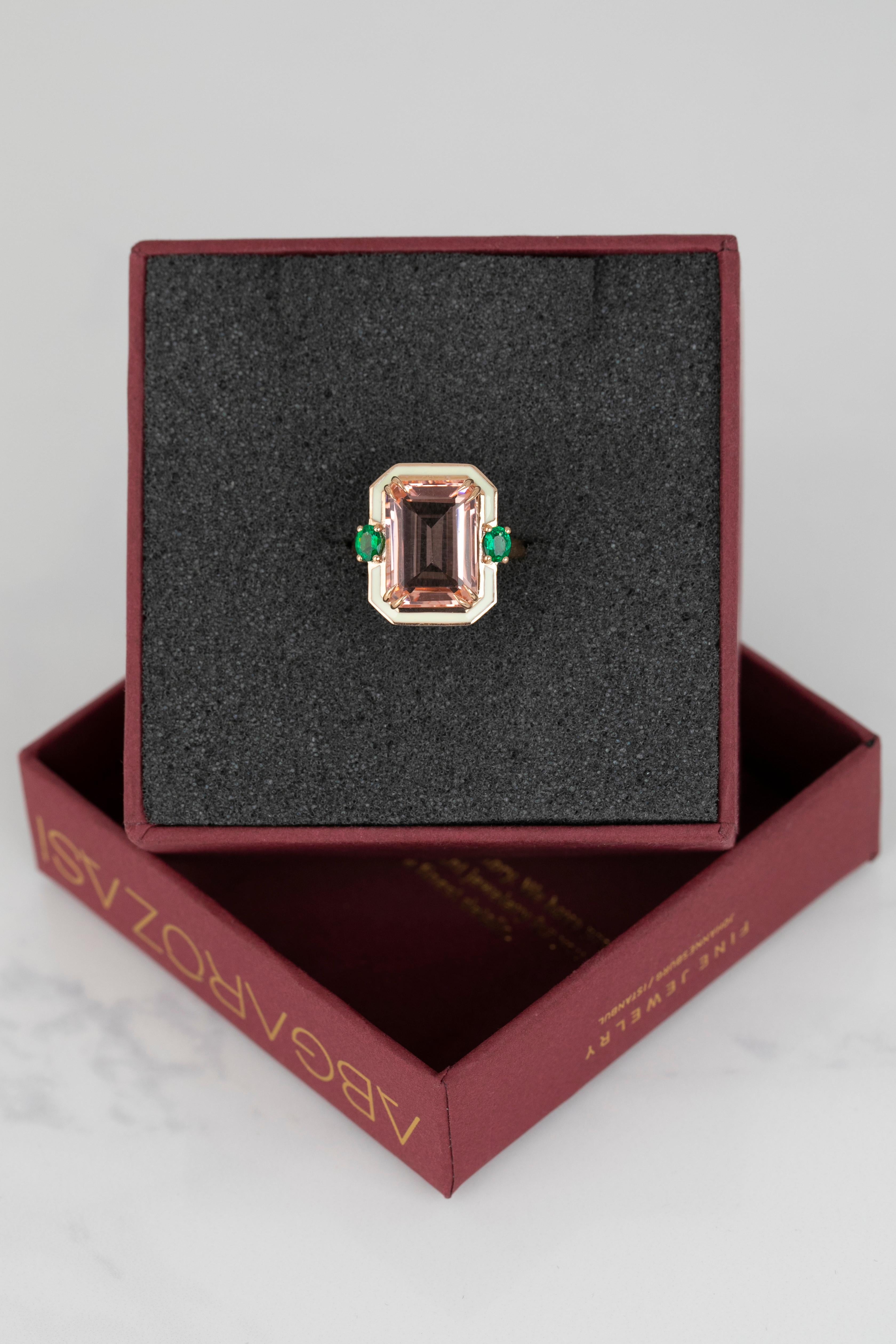 For Sale:  14K Gold 6.75 Ct Pink Topaz & Emerald Enameled Cocktail Ring 4