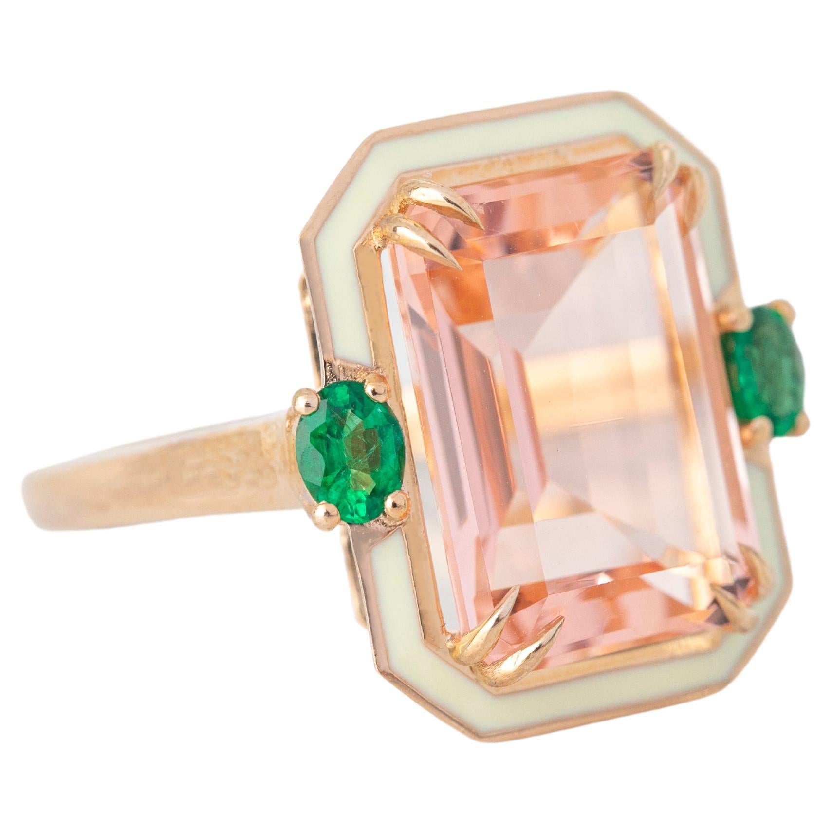 14K Gold 6.75 Ct Pink Topaz & Emerald Enameled Cocktail Ring