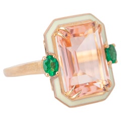 Used 14K Gold 6.75 Ct Pink Topaz & Emerald Enameled Cocktail Ring