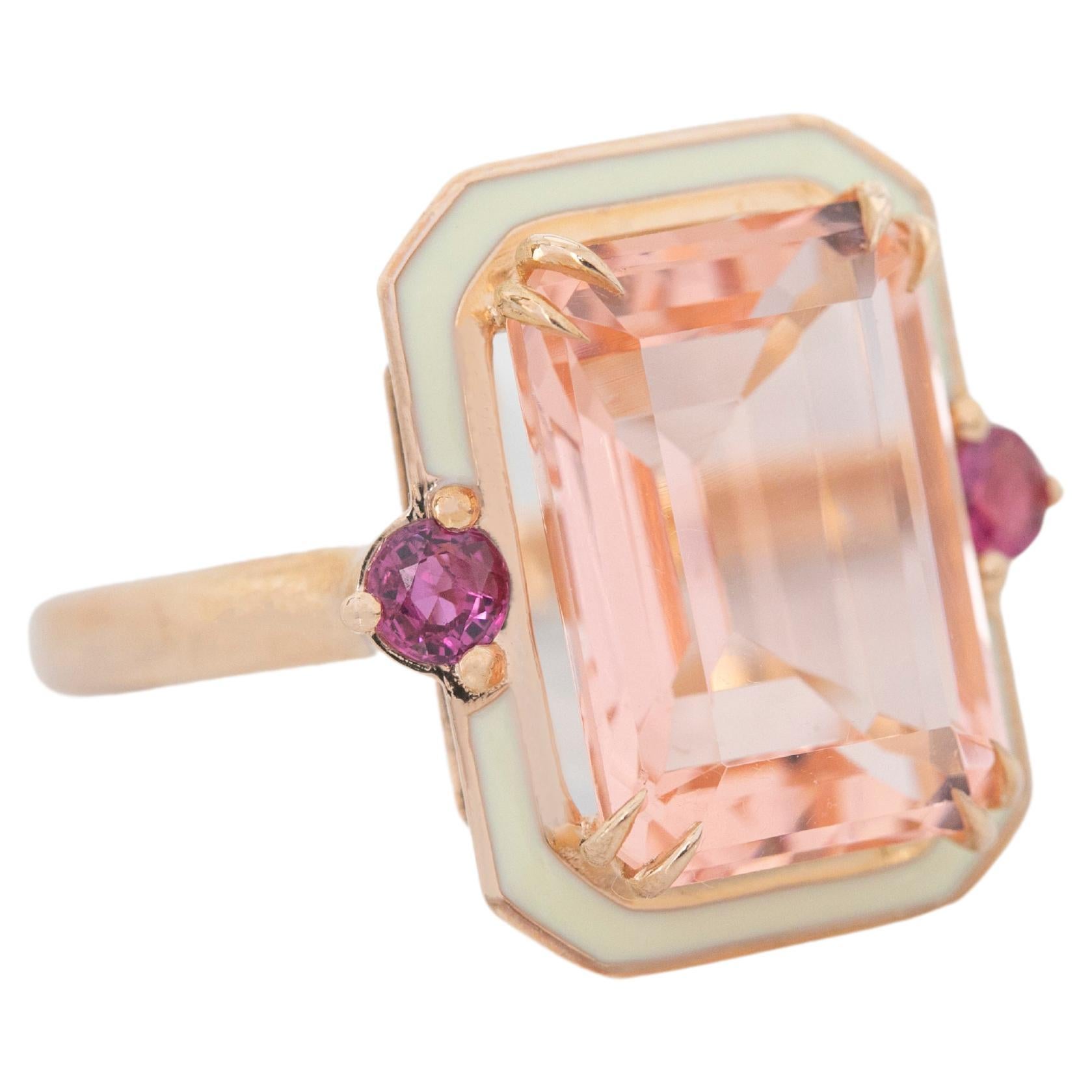 For Sale:  14K Gold 6.75 Ct Pink Topaz & Ruby Enameled Cocktail Ring 2