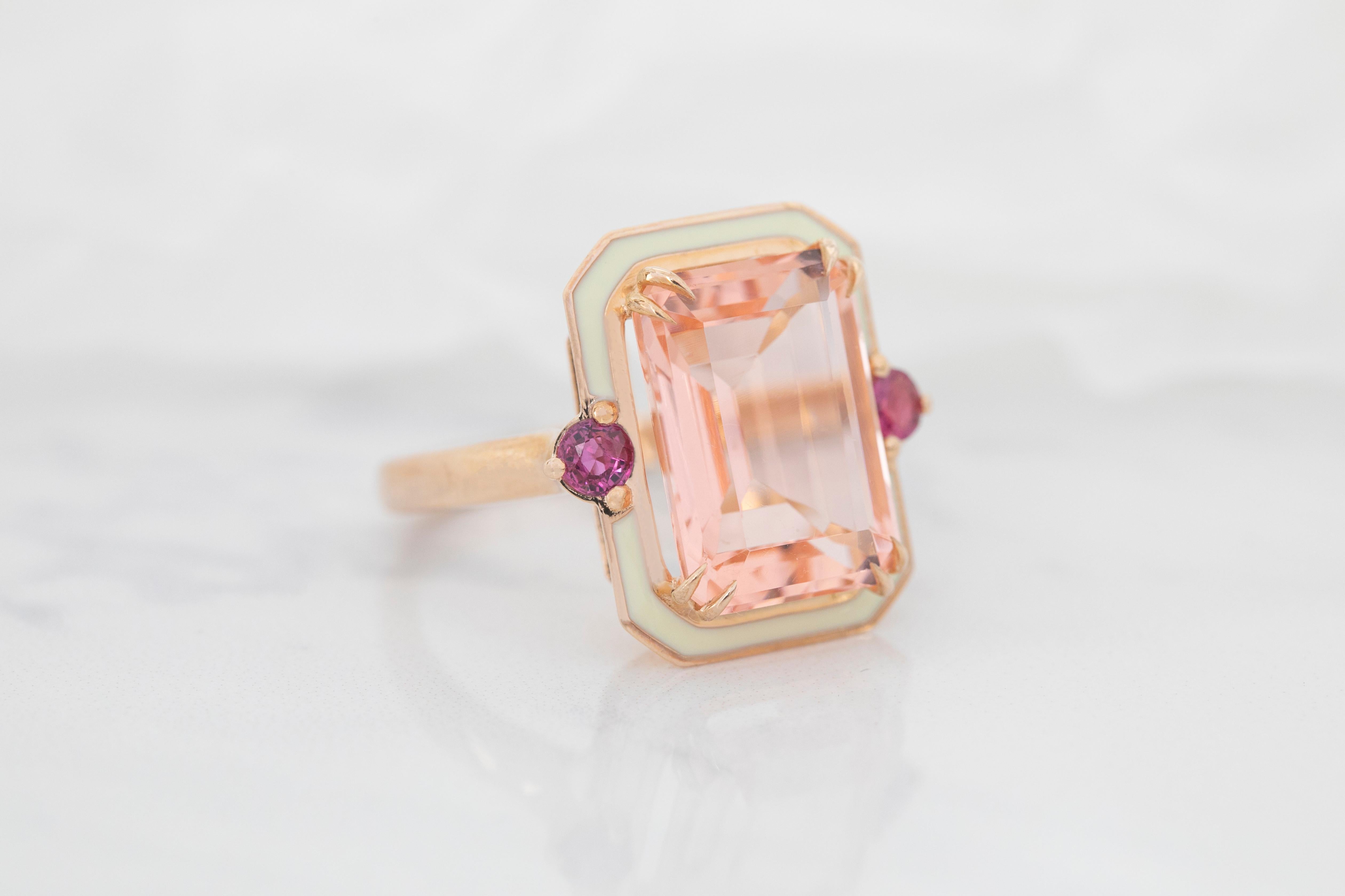For Sale:  14K Gold 6.75 Ct Pink Topaz & Ruby Enameled Cocktail Ring 4