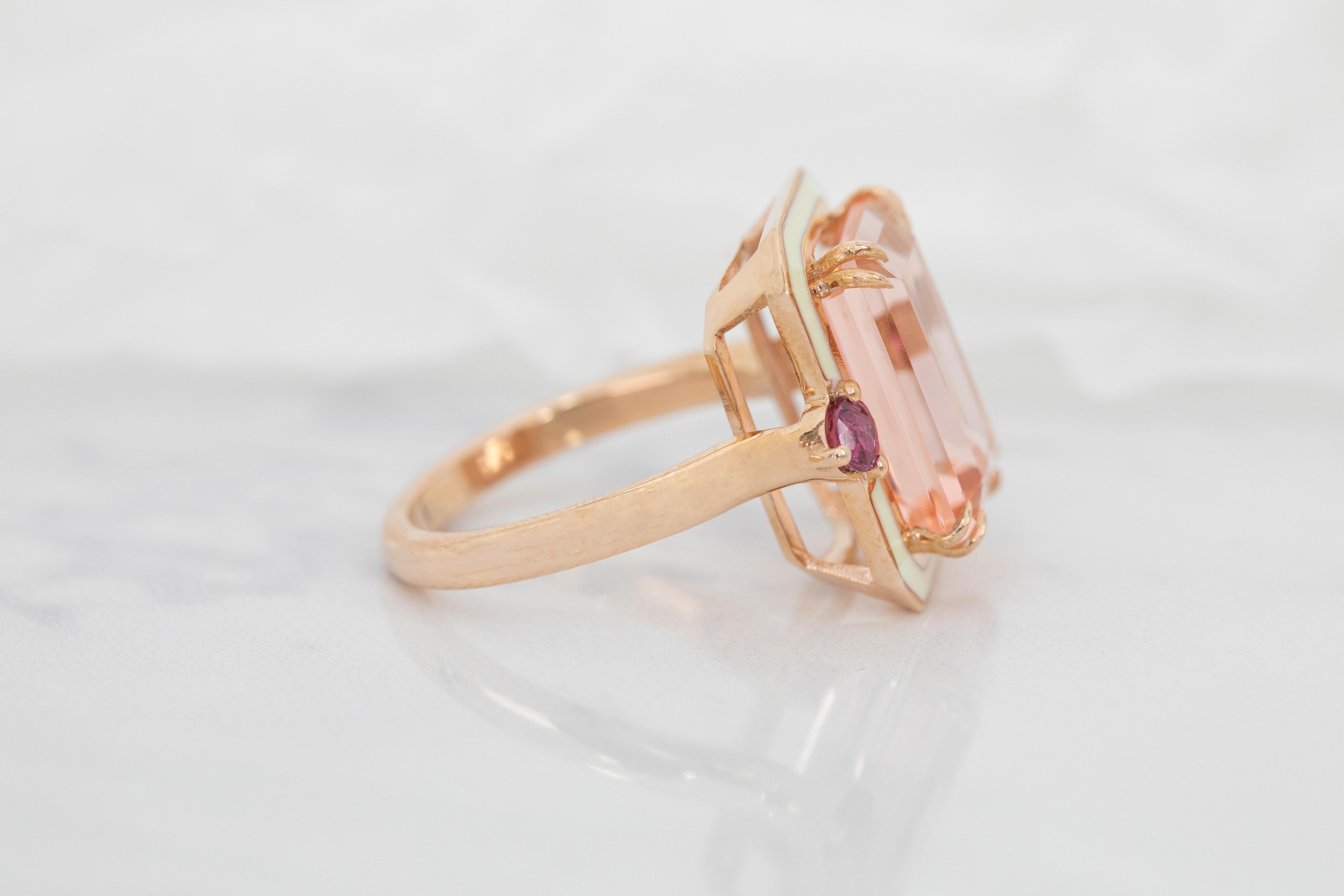 For Sale:  14K Gold 6.75 Ct Pink Topaz & Ruby Enameled Cocktail Ring 5
