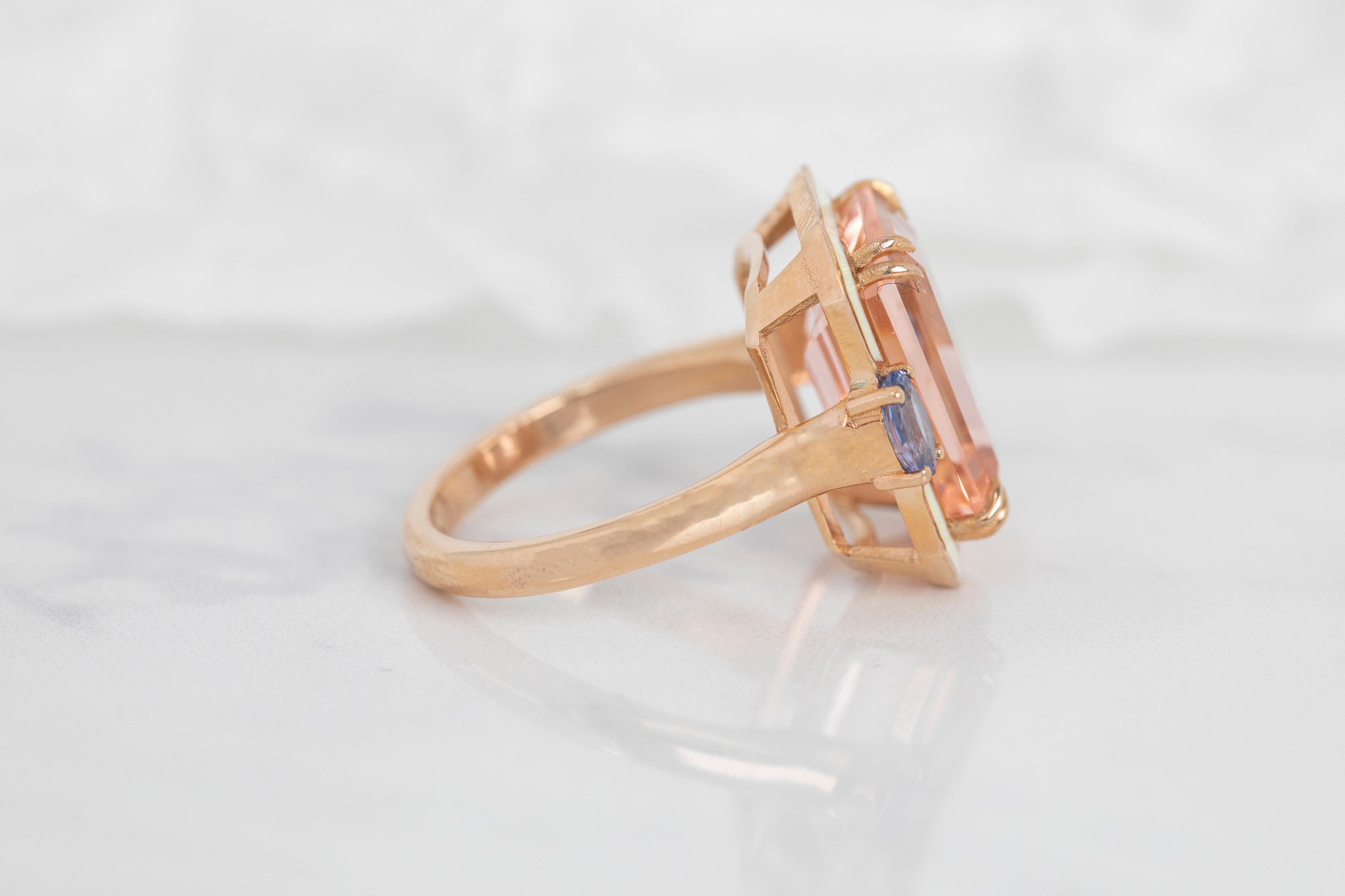 For Sale:  14K Gold 6.75 ct Pink Topaz & Sapphire Enameled Cocktail Ring 3