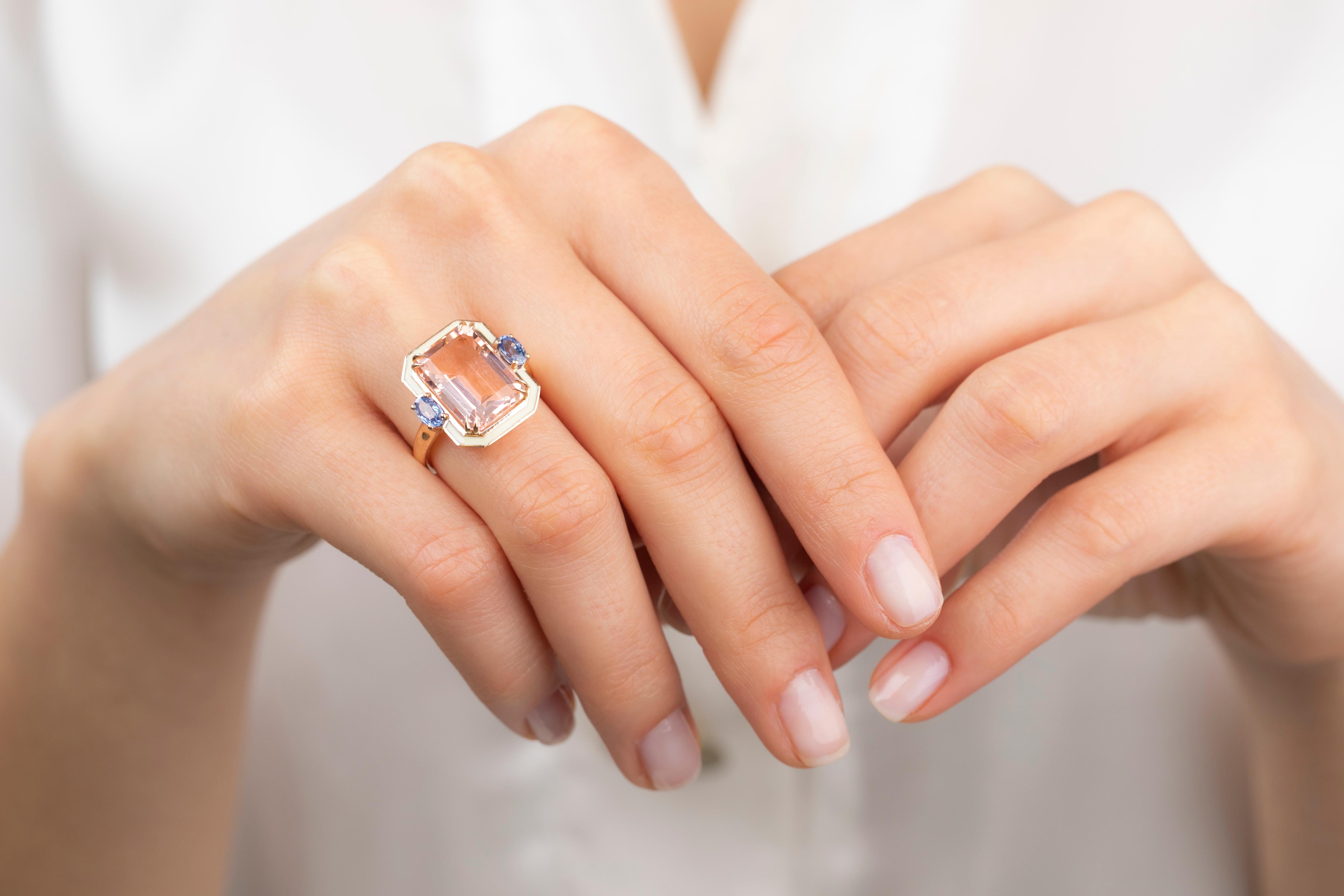 For Sale:  14K Gold 6.75 ct Pink Topaz & Sapphire Enameled Cocktail Ring 4