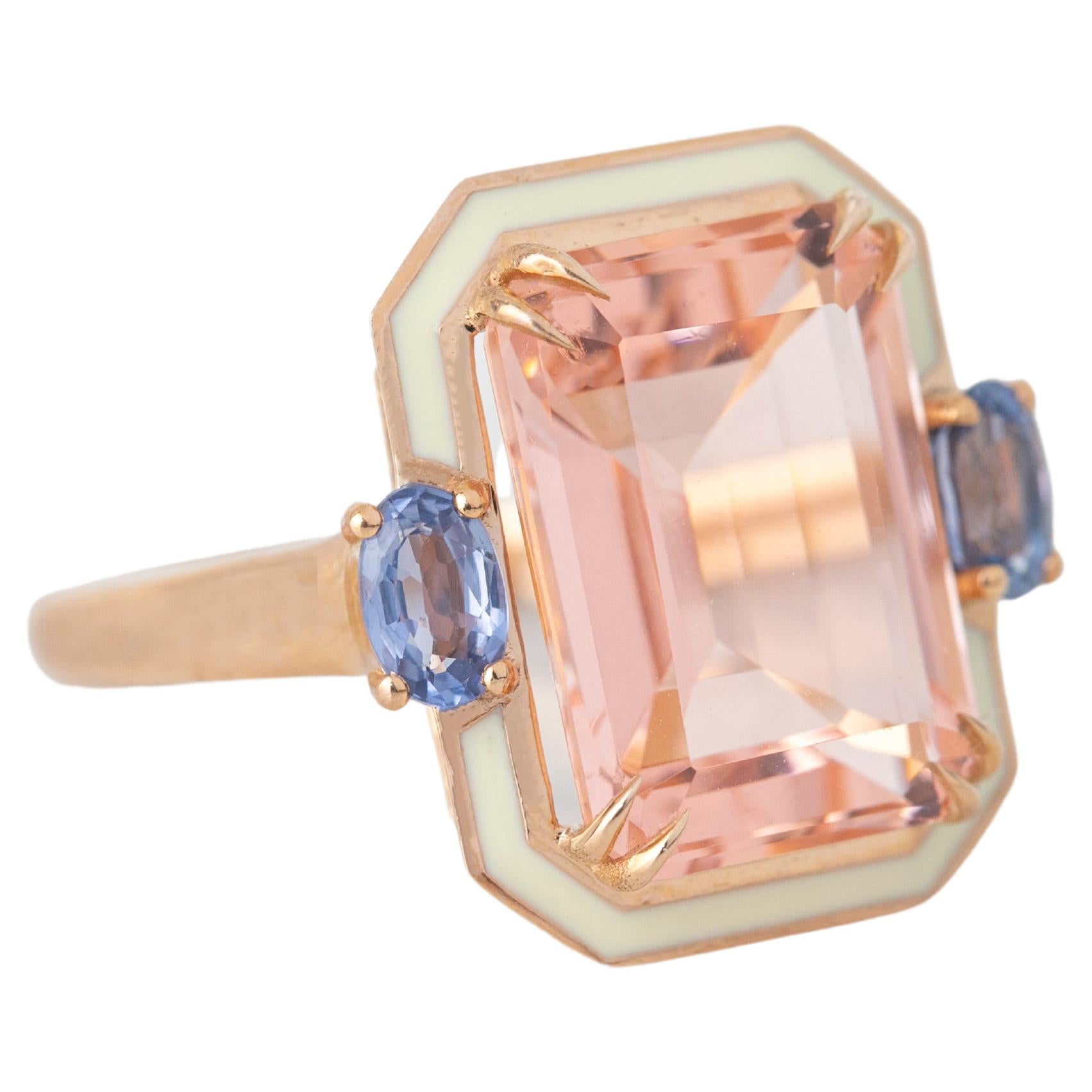 14K Gold 6,75 ct Rosa Topas & Saphir Emaillierter Cocktail Ring