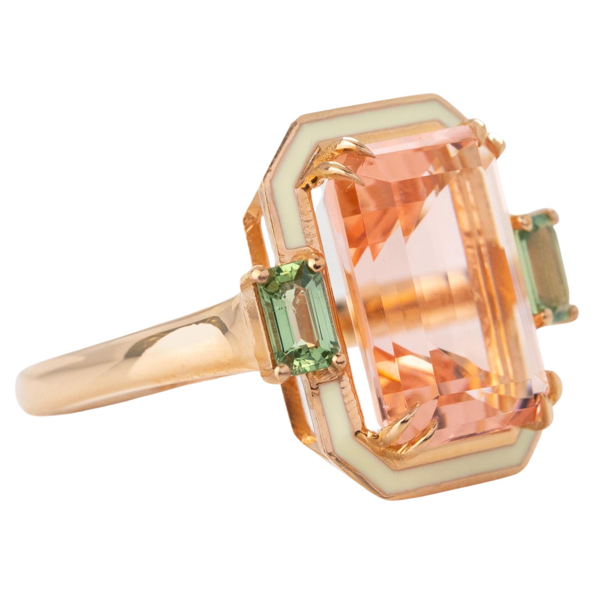 For Sale:  14K Gold 6.80 Ct Pink Topaz & Green Sapphire Enameled Cocktail Ring 2