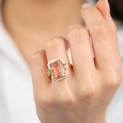 14K Gold 6.80 Ct Pink Topaz & Green Sapphire Enameled Cocktail Ring