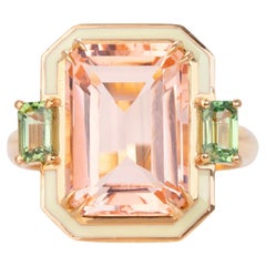 Retro 14K Gold 6.80 Ct Pink Topaz & Green Sapphire Enameled Cocktail Ring