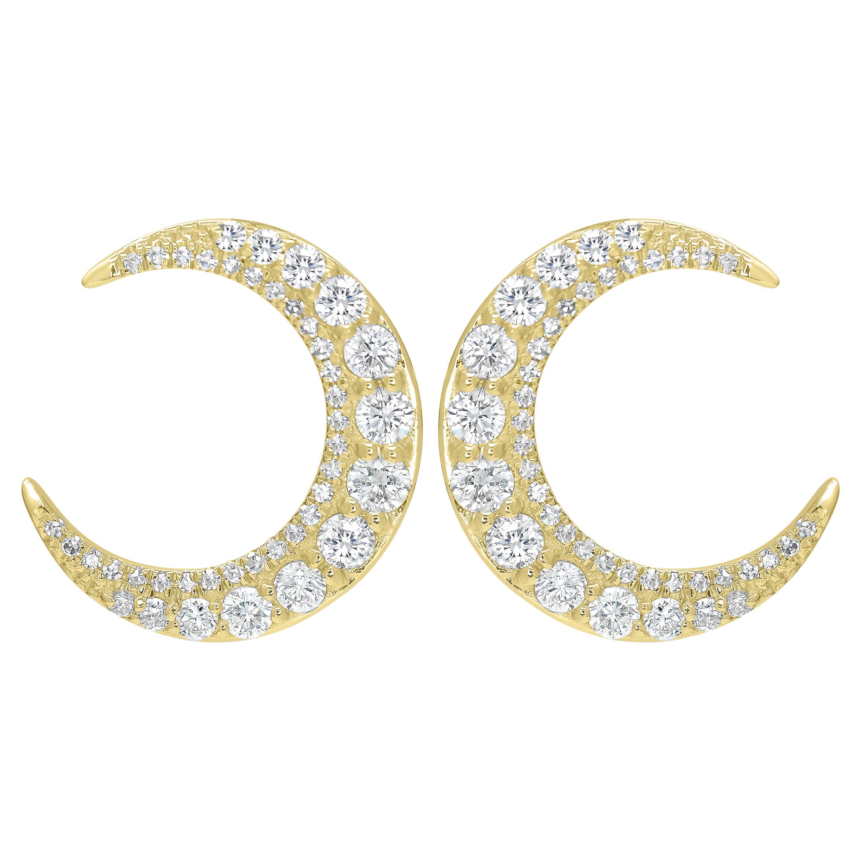 Luxle 7/8 Cttw. Diamond Crescent Moon Stud Earrings in 14k Yellow Gold