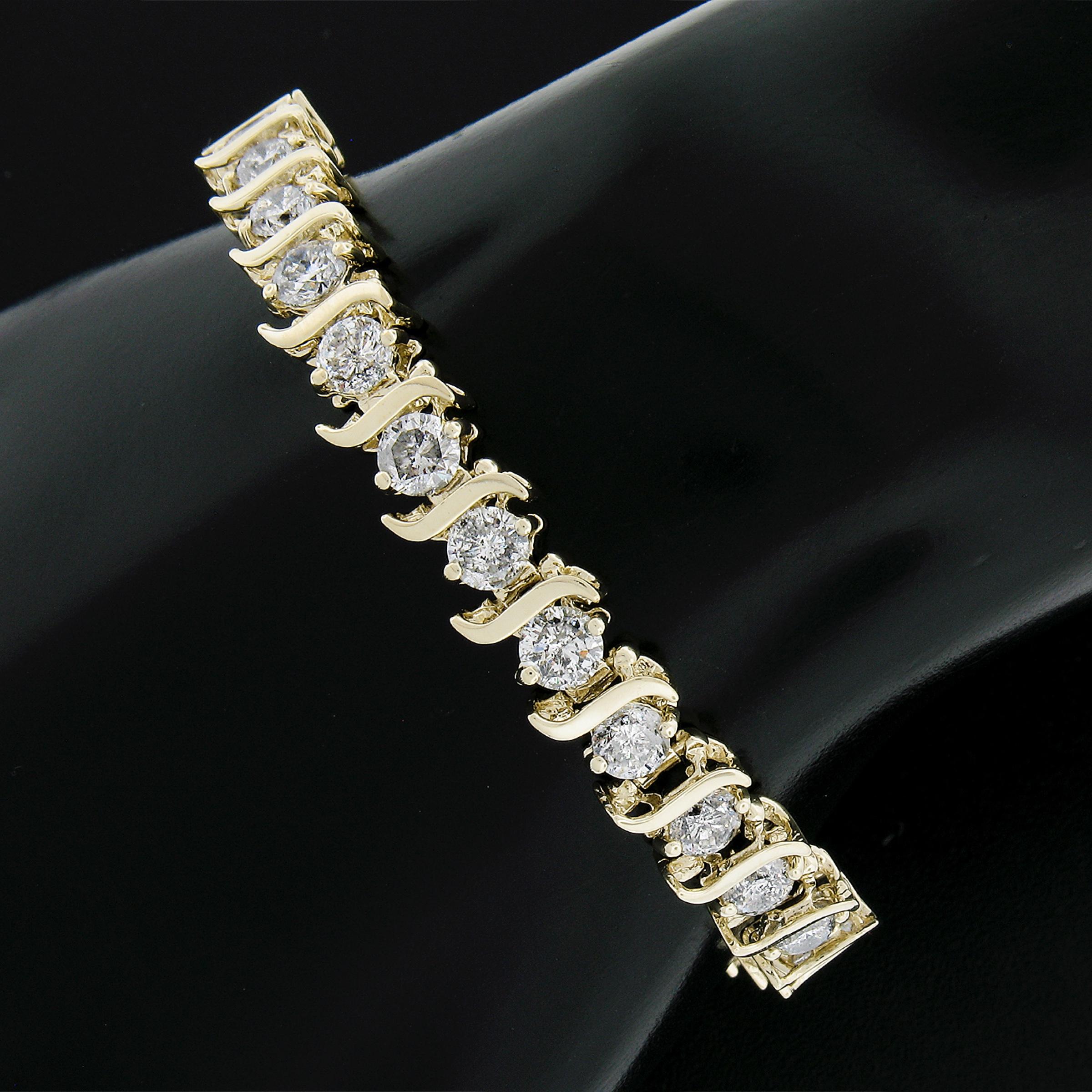--Stone(s):--
(28) Natural Genuine Diamonds - Round Brilliant Cut - Prong Set - G/H Color - I1/I2 Clarity 
Total Carat Weight:	8.80 (approx.)

Material: Solid 14K Yellow Gold
Weight: 19.95 Grams
Length: Will comfortably fit up to a 7 inch wrist