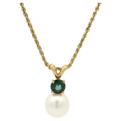 14k Gold 7.9mm Pearl & 0.50 Greenish Blue Sapphire Slide Pendant Necklace