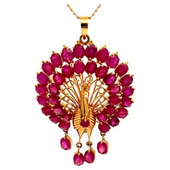 Vintage 14k Gold 8 Carat Red Ruby Peacock Pendant on 18k Gold Chain